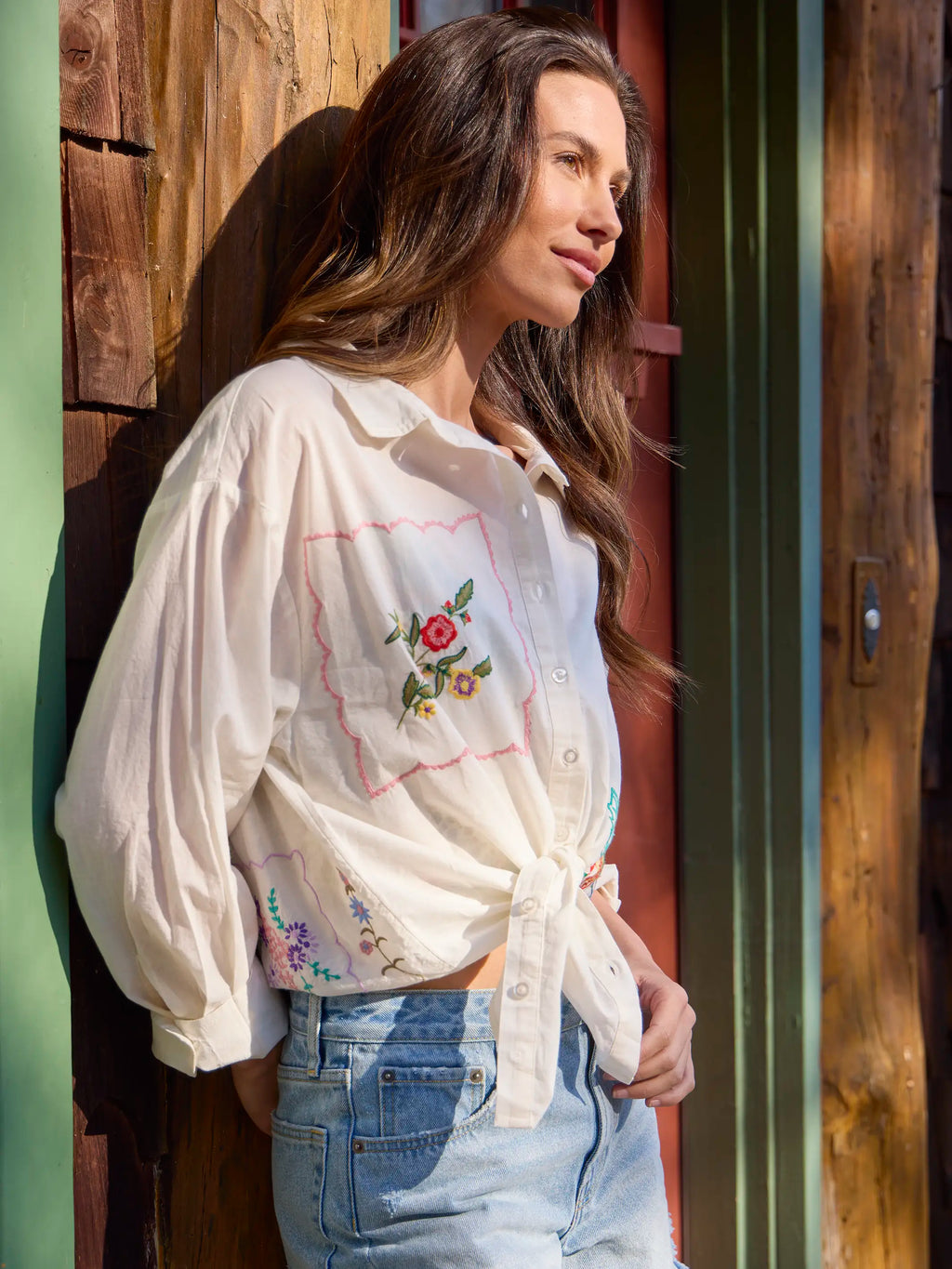 Barcelona Embroidered Cotton Button Down - White Handkerchief
