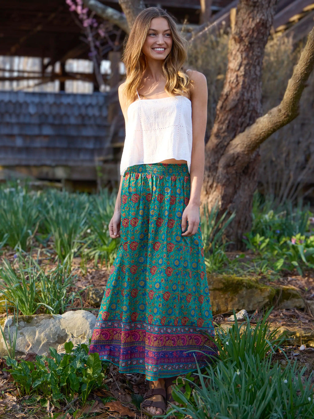Cotton Skirt-In-A-Bag - Peony Border Teal