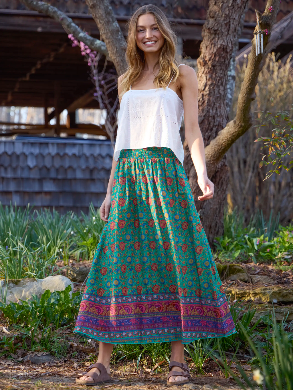 Cotton Skirt-In-A-Bag - Peony Border Teal