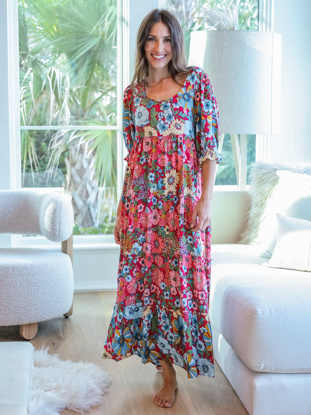 Collette Tiered Maxi Dress - Blue Red Floral