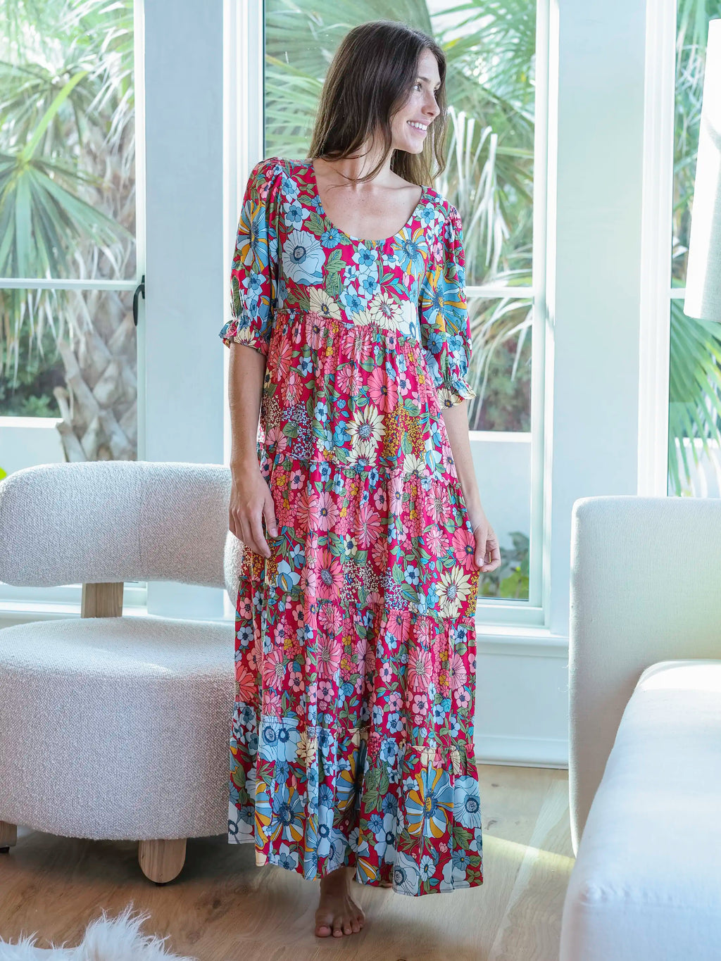 Collette Tiered Maxi Dress - Blue Red Floral