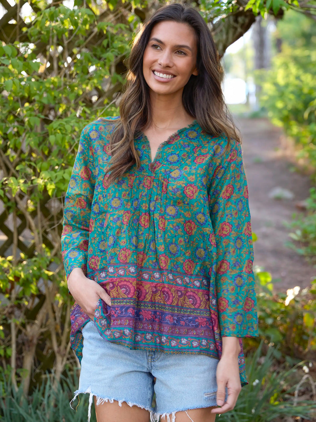 Cotton Tunic-In-A-Bag - Peony Border Teal
