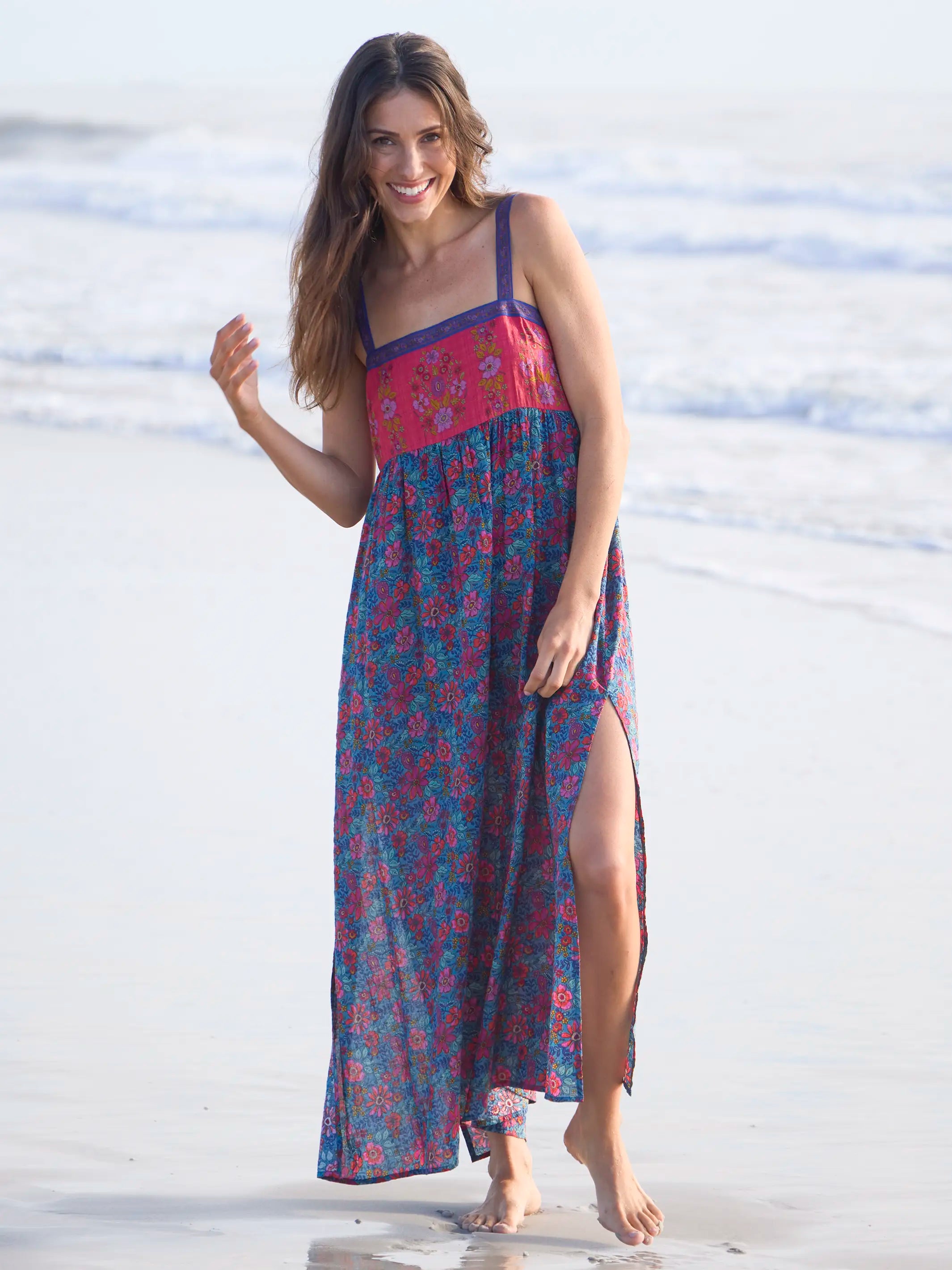 Patti Side Slit Maxi Dress - Teal Boho Border Scarf