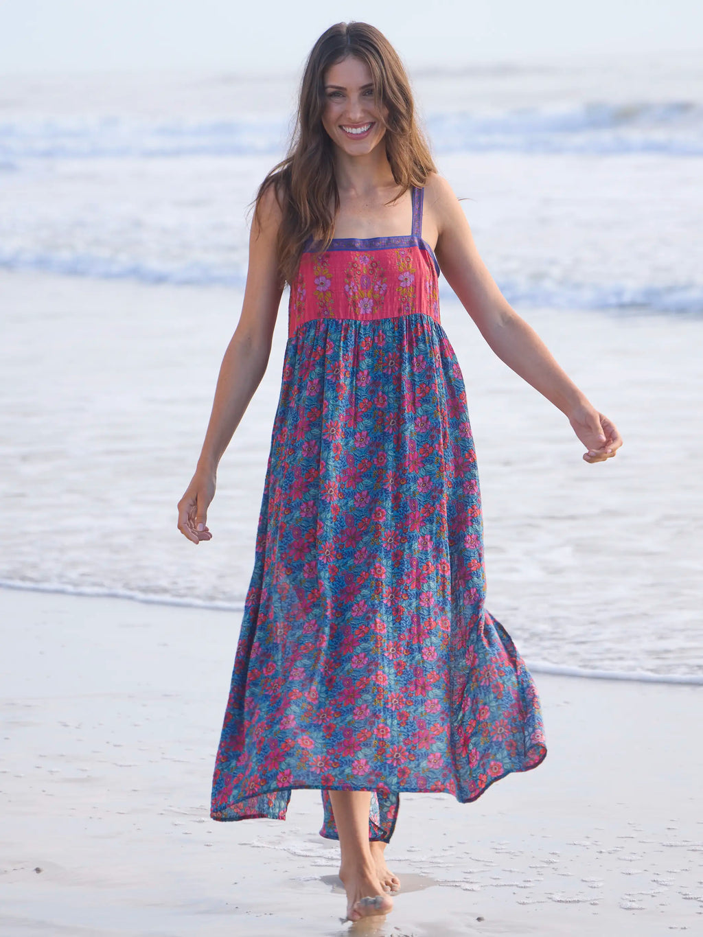 Patti Side Slit Maxi Dress - Teal Boho Border Scarf