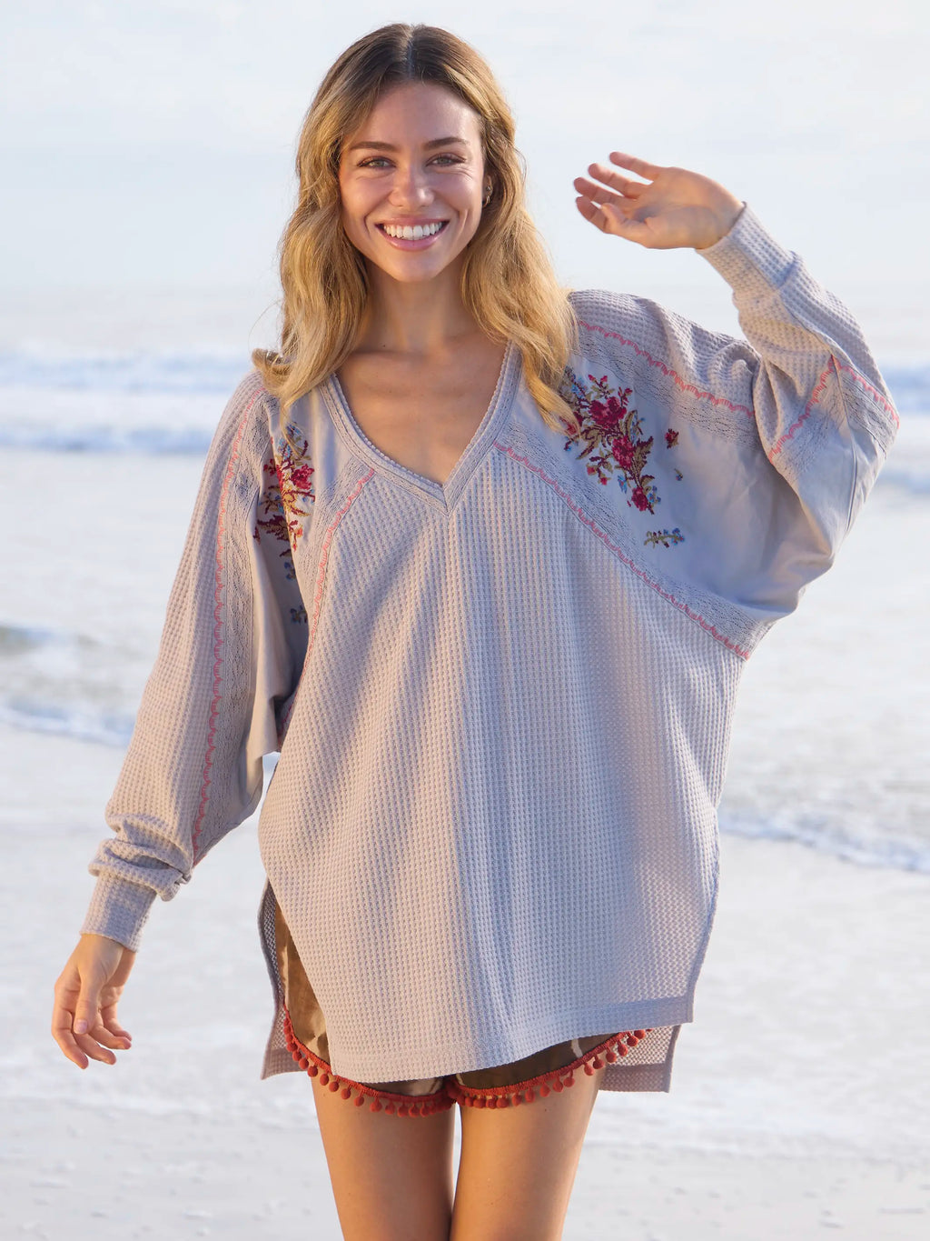 Maisie Oversized Embroidered Thermal Top - Light Grey