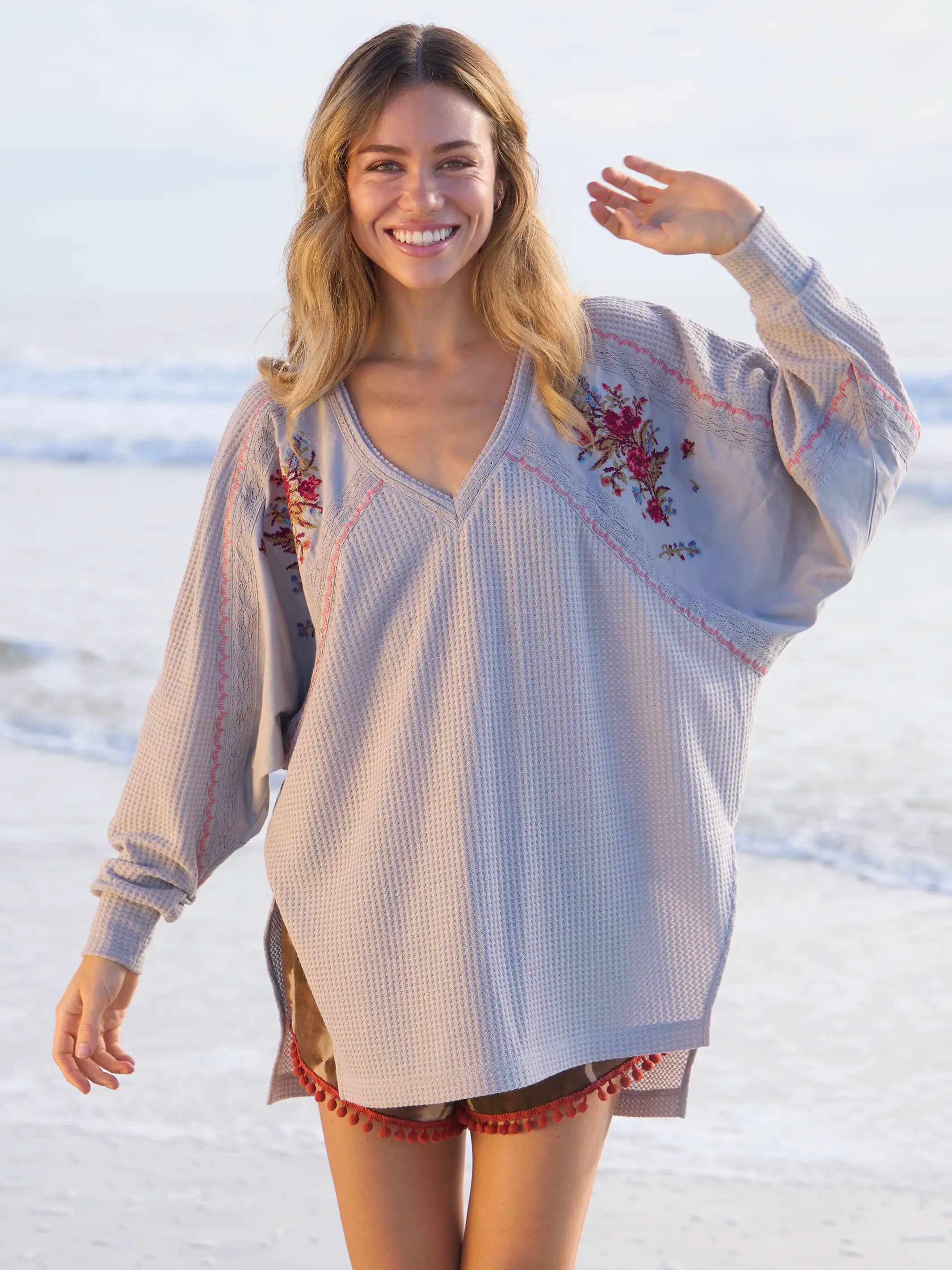Maisie Oversized Embroidered Thermal Top - Light Grey