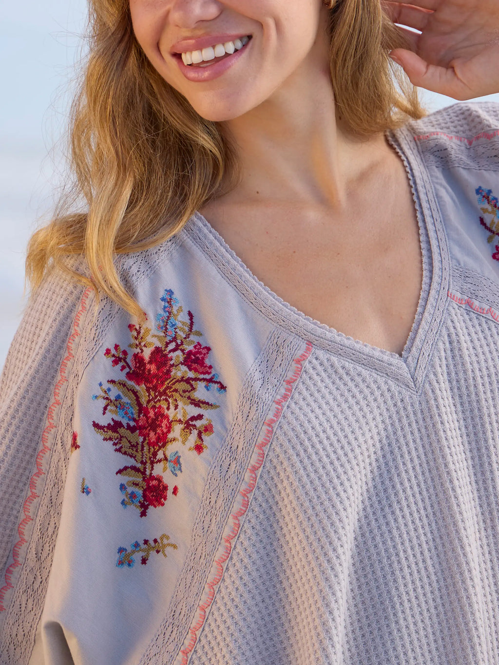 Maisie Oversized Embroidered Thermal Top - Light Grey