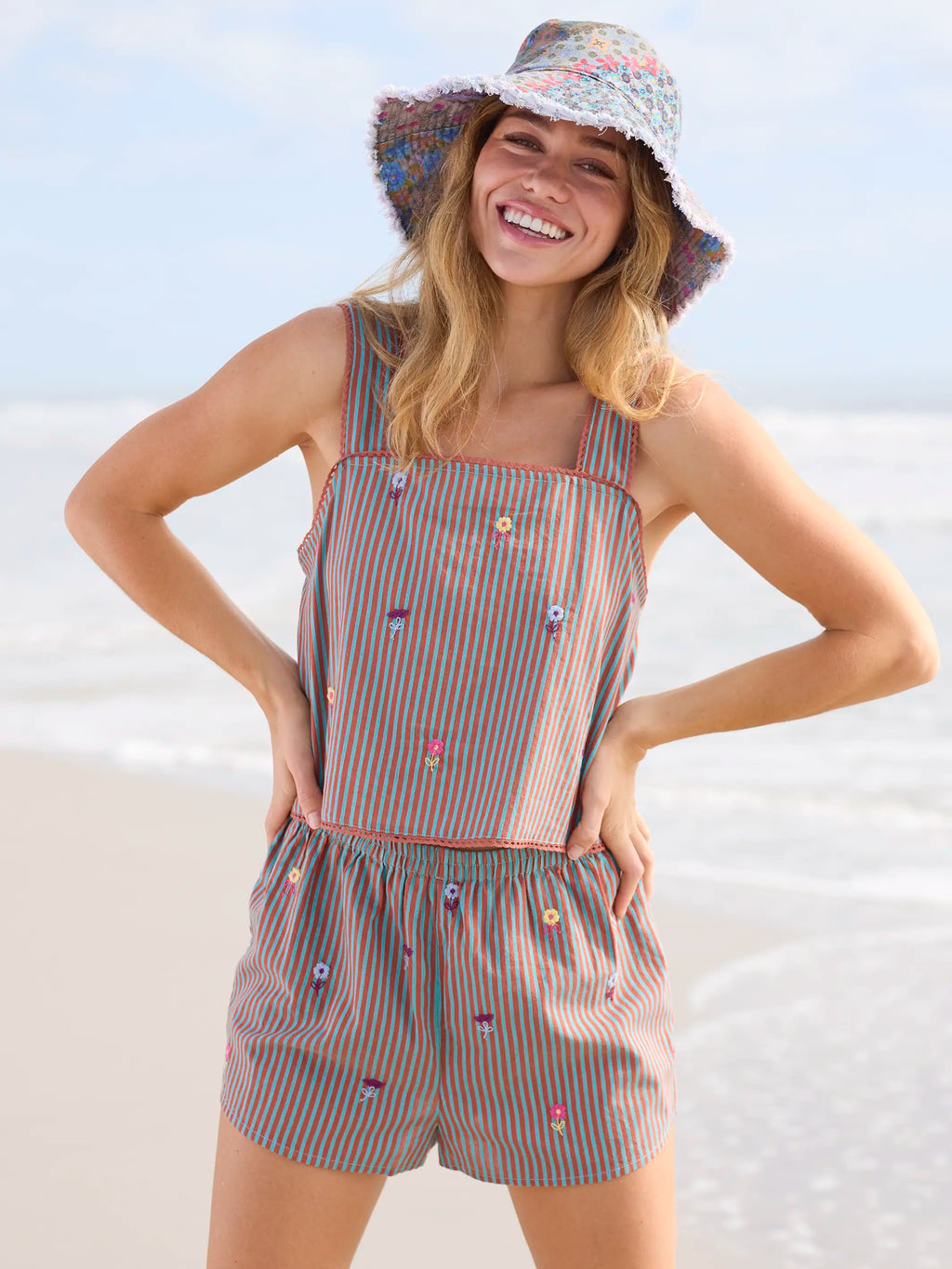 Embroidered Striped Shorts - Terracotta Tide