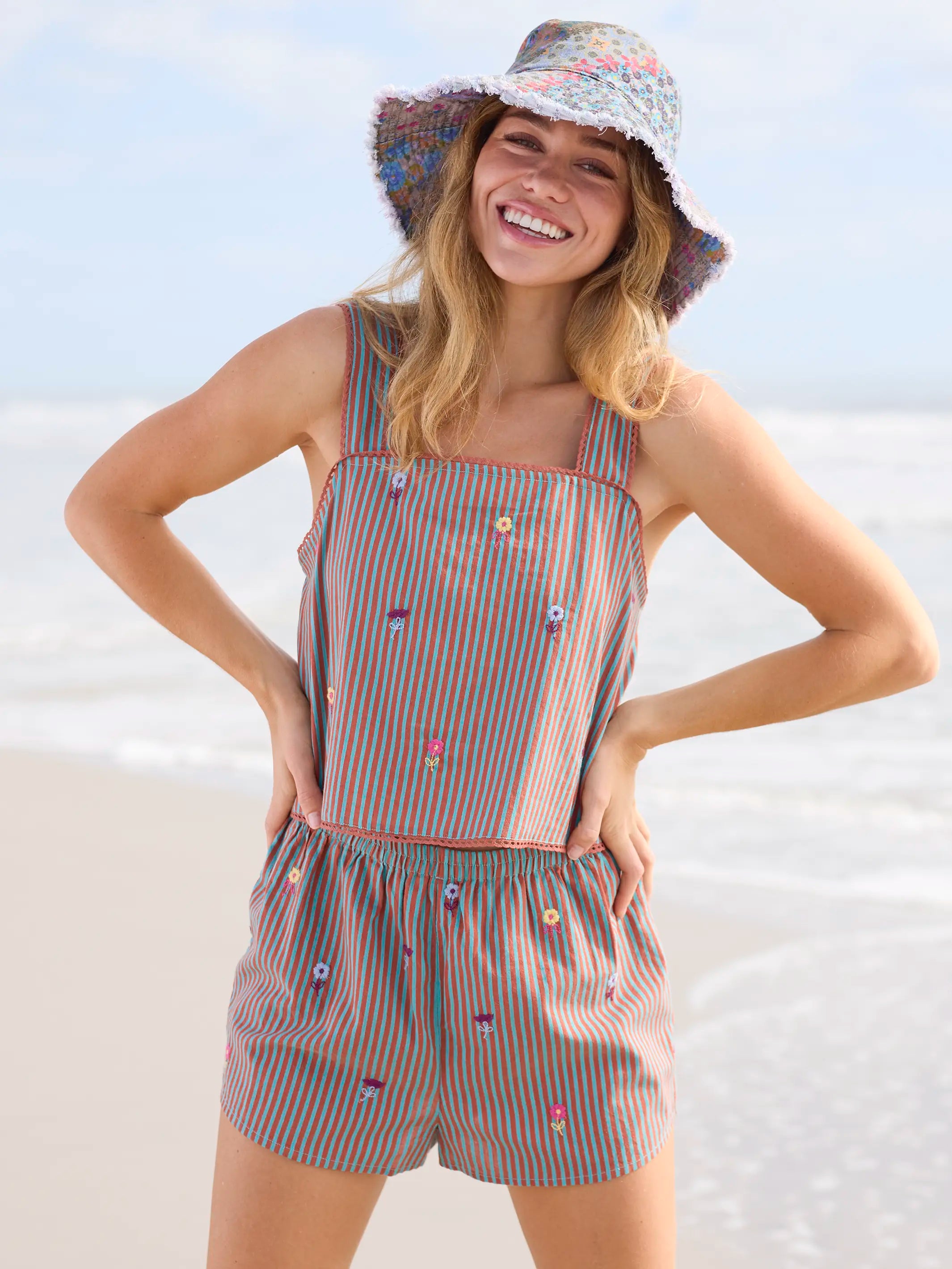 Embroidered Striped Shorts - Terracotta Tide