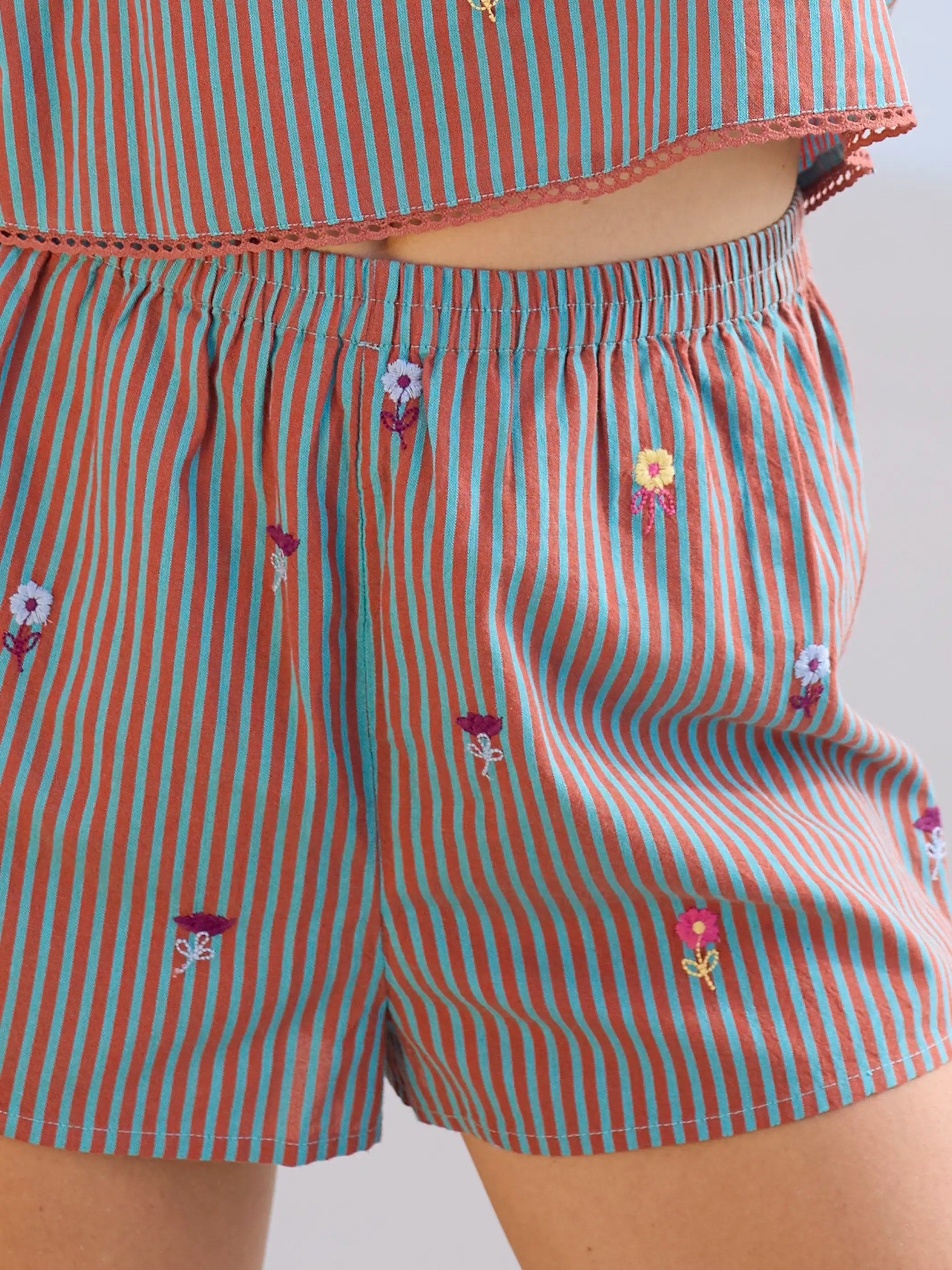 Embroidered Striped Shorts - Terracotta Tide