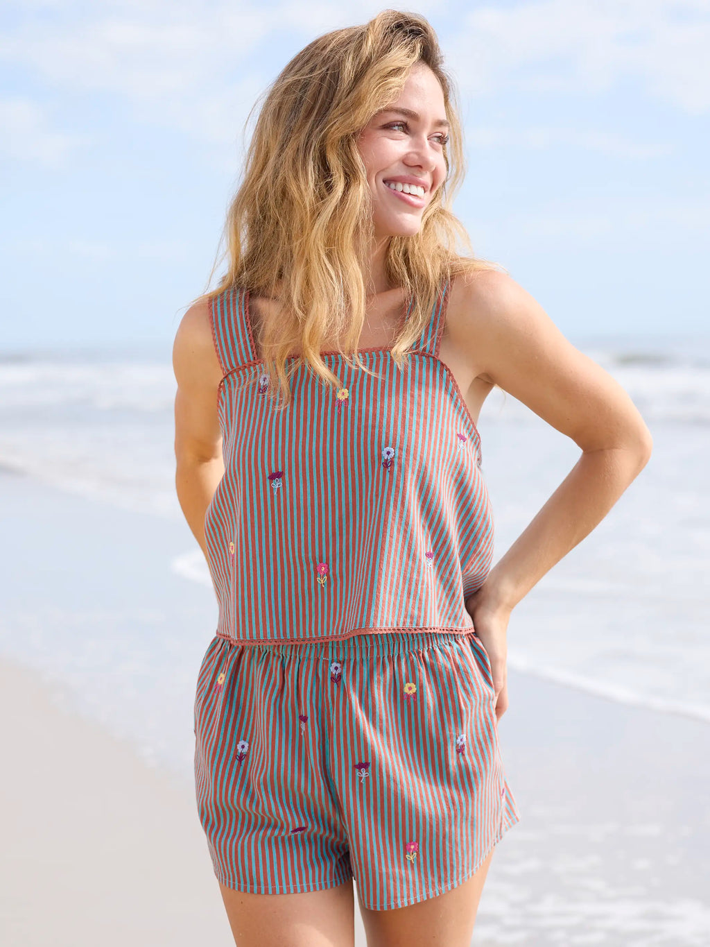 Embroidered Striped Shorts - Terracotta Tide