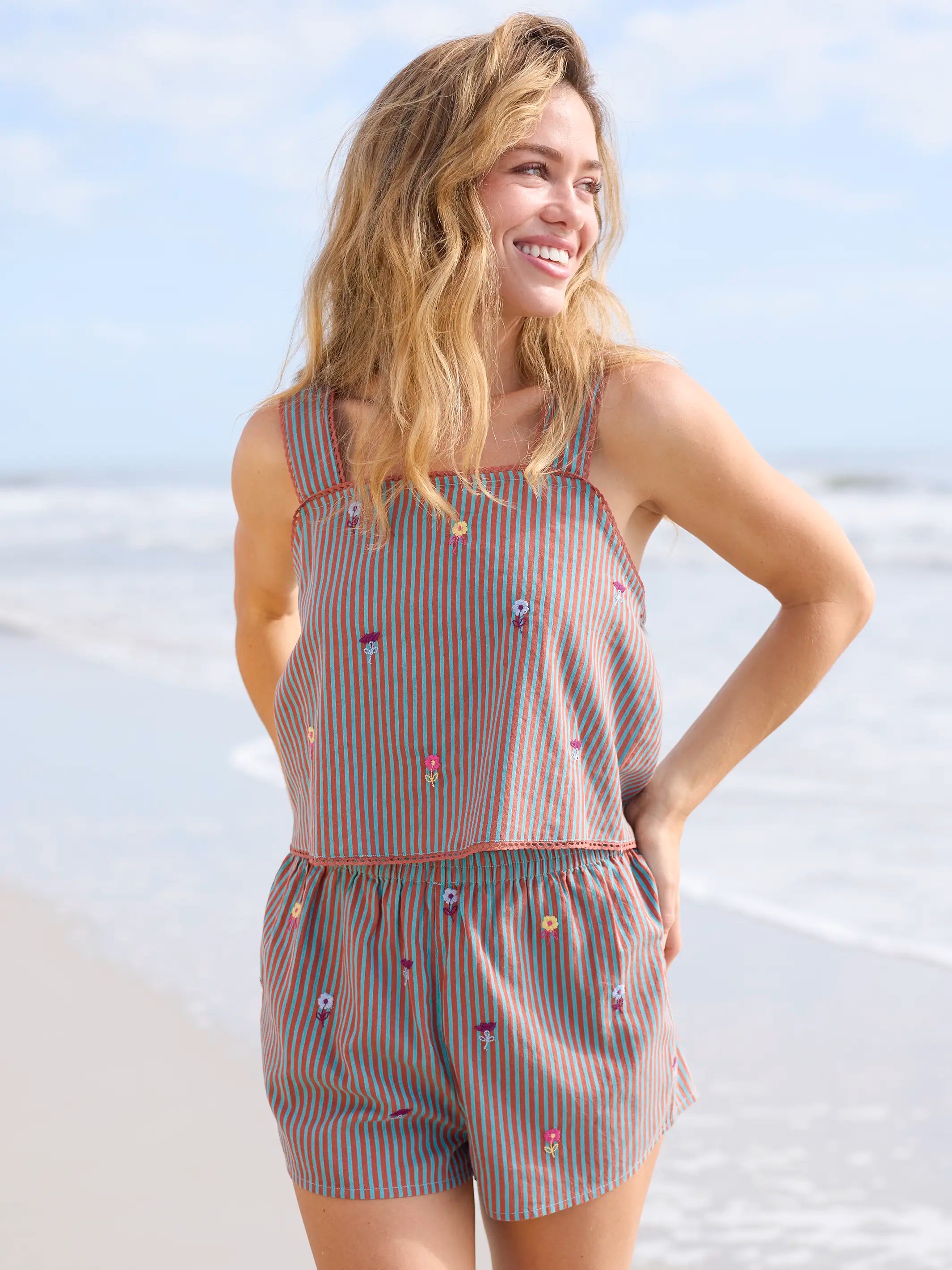 Embroidered Striped Shorts - Terracotta Tide