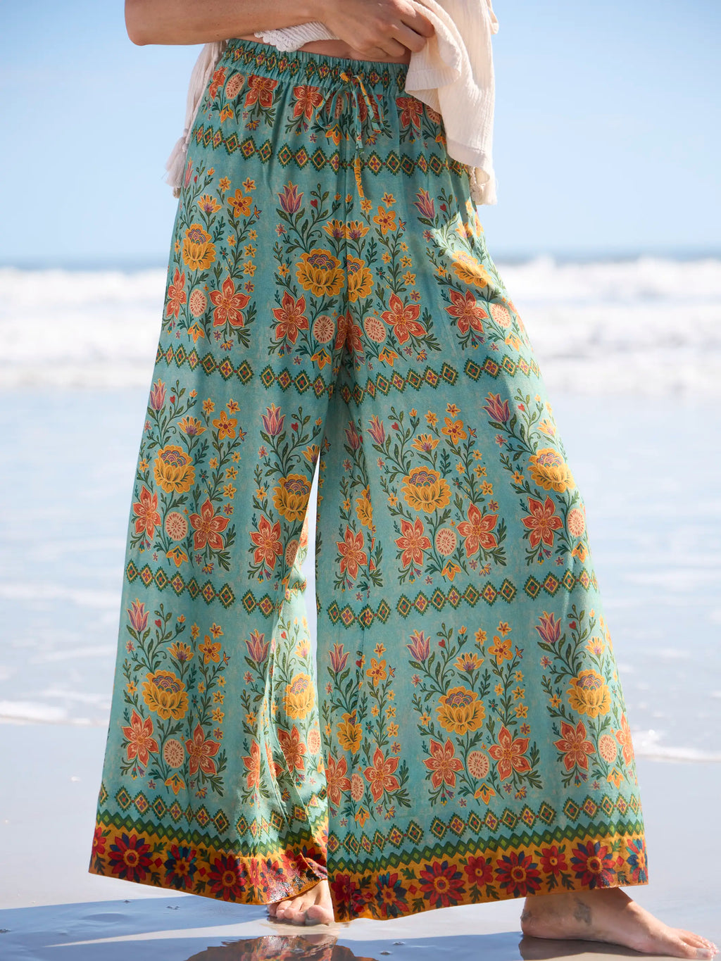 Go With The Flow Wide Leg Pants - Buttercup Floral Seafoam