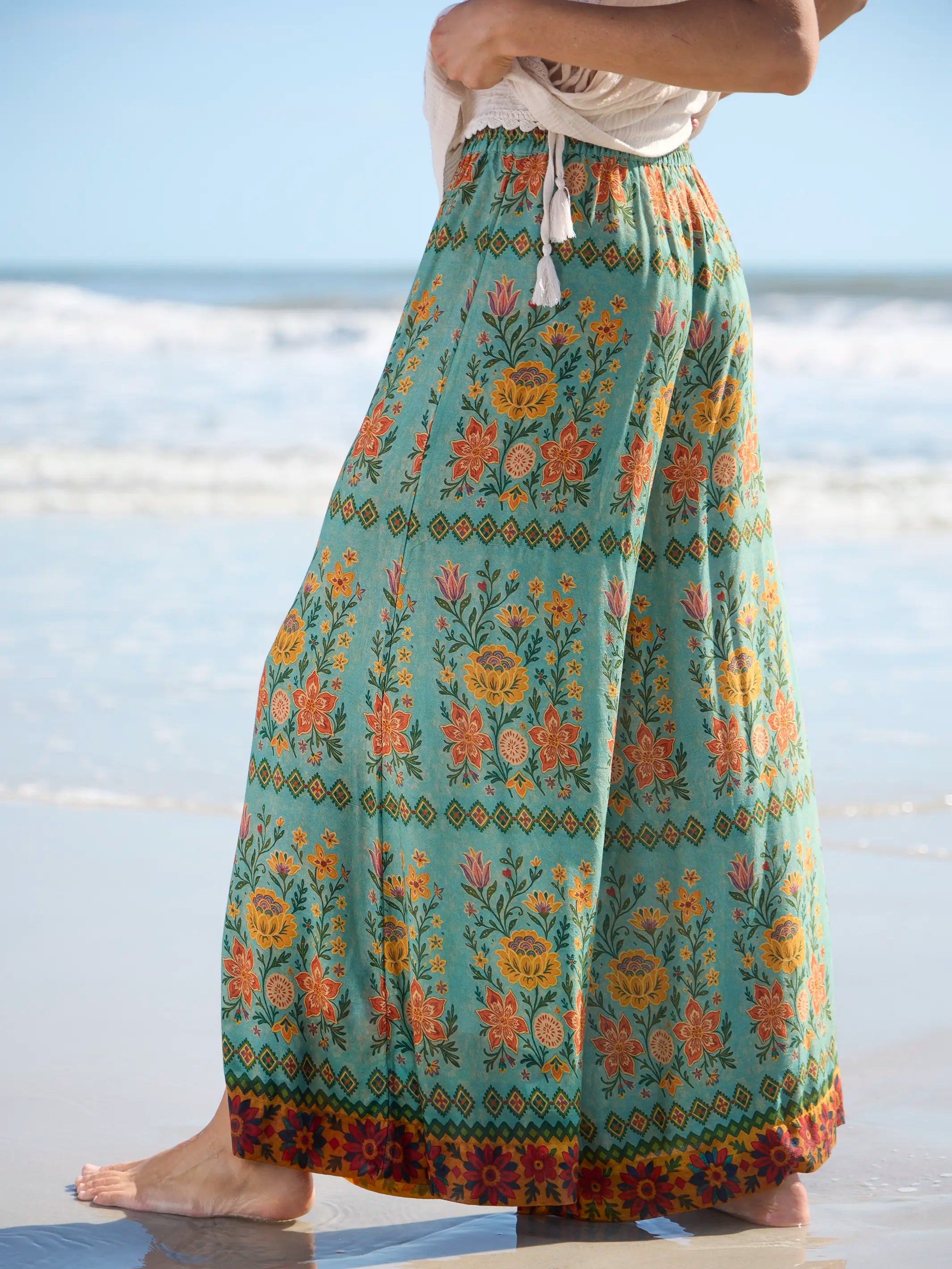 Go With The Flow Wide Leg Pants - Buttercup Floral Seafoam