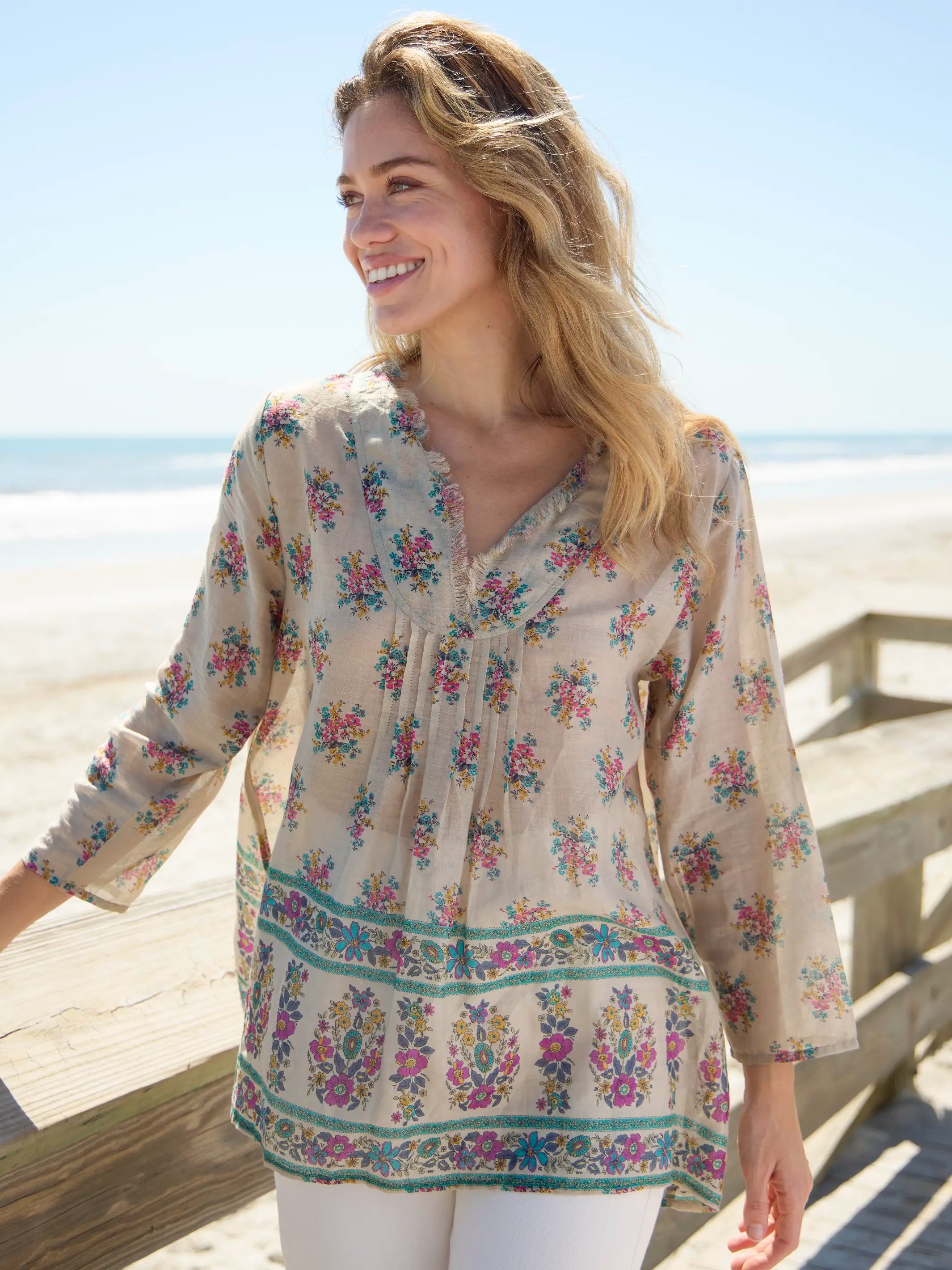 Cotton Tunic-In-A-Bag - Antique Blossoms Beige