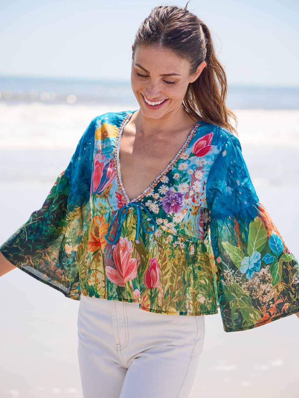 Isabella Cotton Top - Blue Whimsical Garden