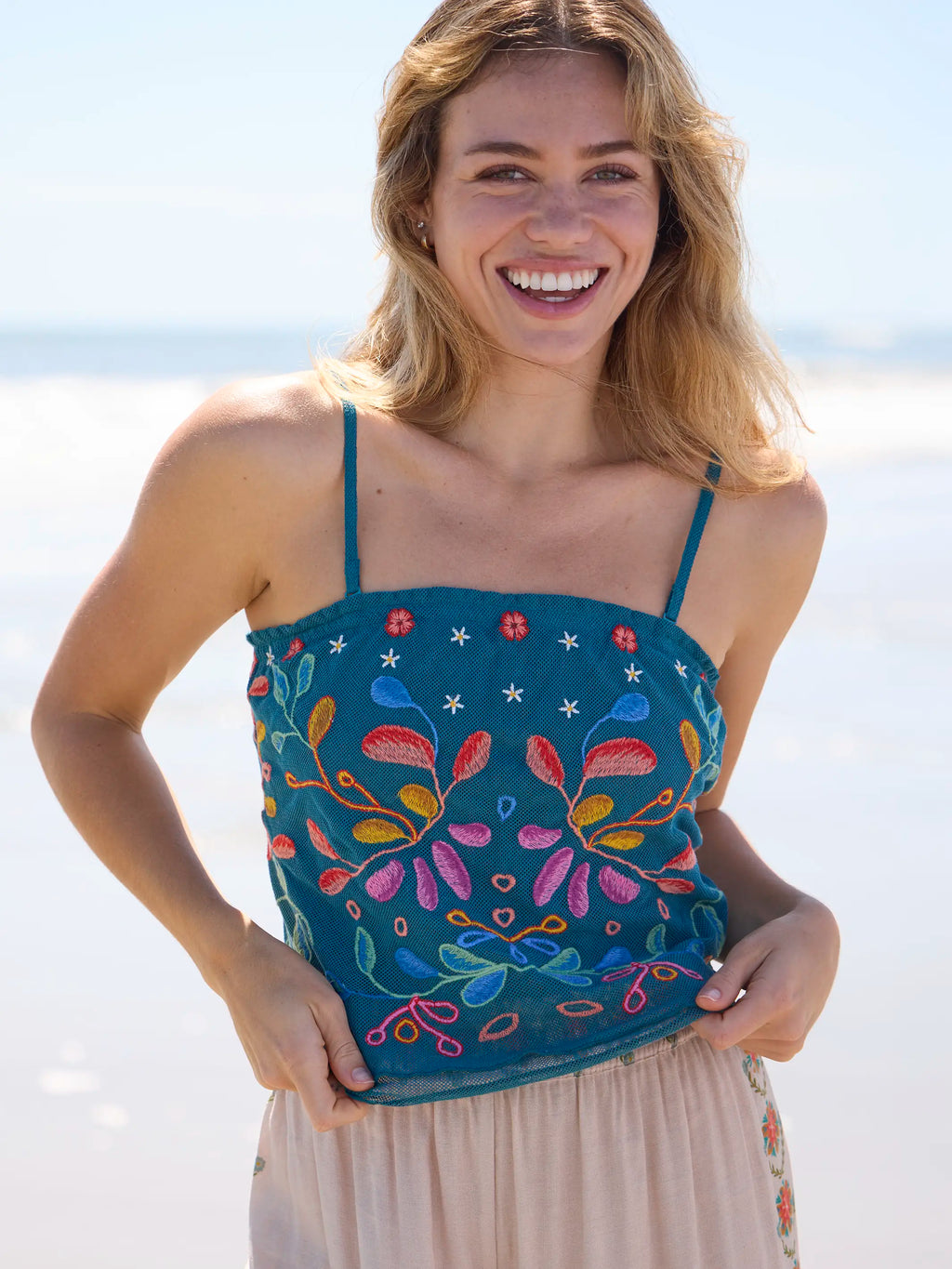 Sasha Embroidered Mesh Top - Teal Floral