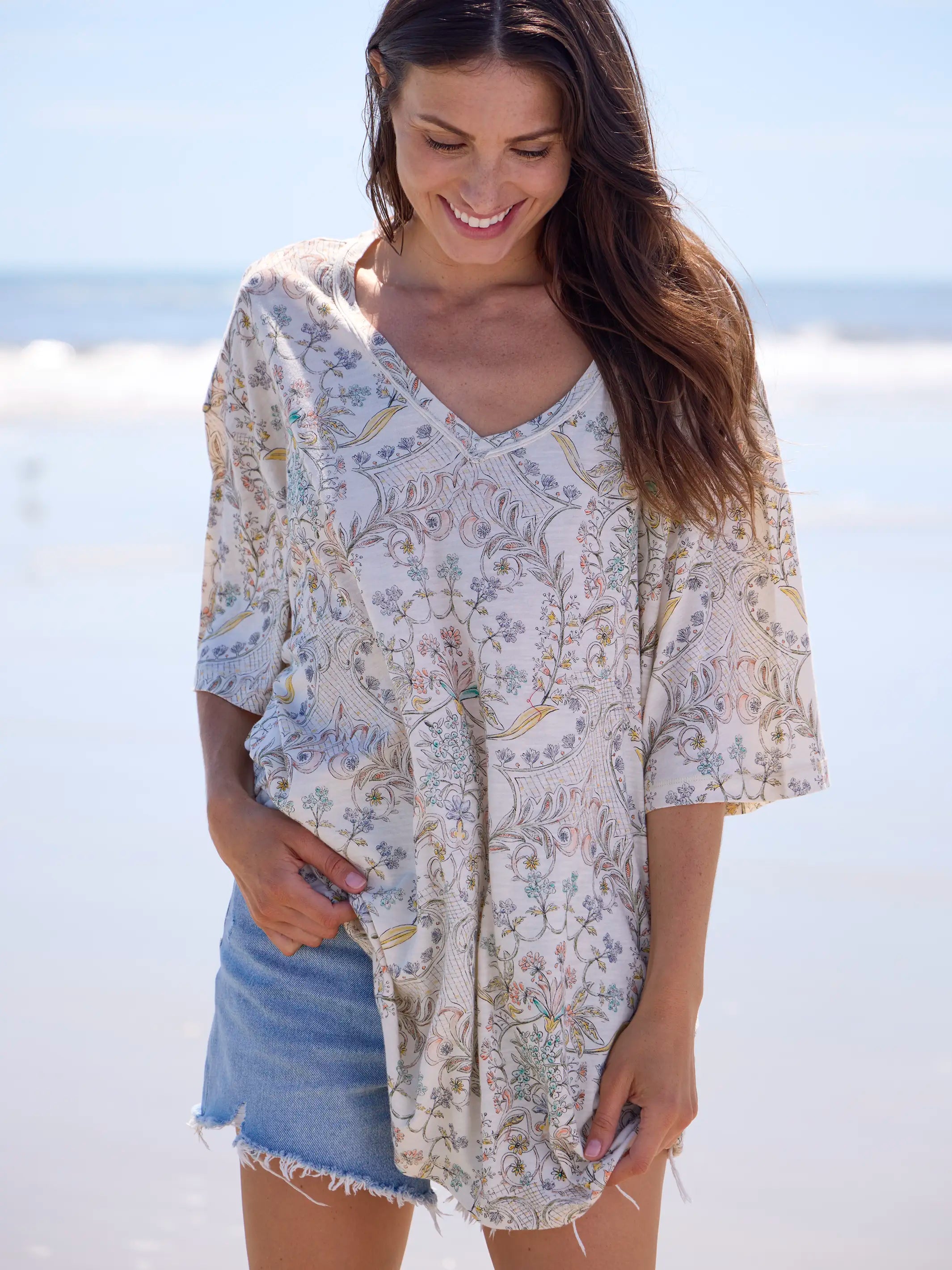 One Size Cotton Easy V-Neck Tee - Meadow Whimsy Ivory