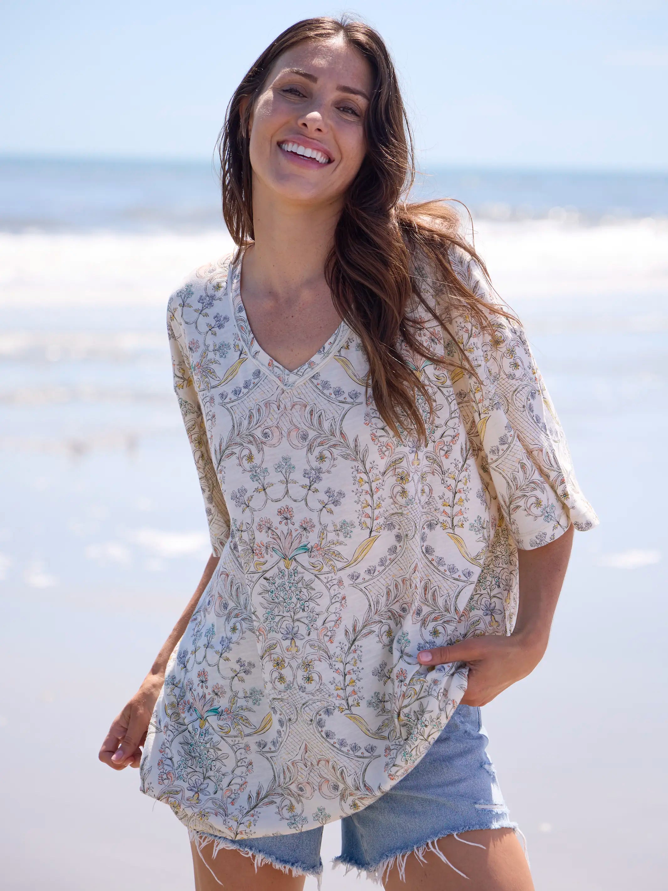 One Size Cotton Easy V-Neck Tee - Meadow Whimsy Ivory