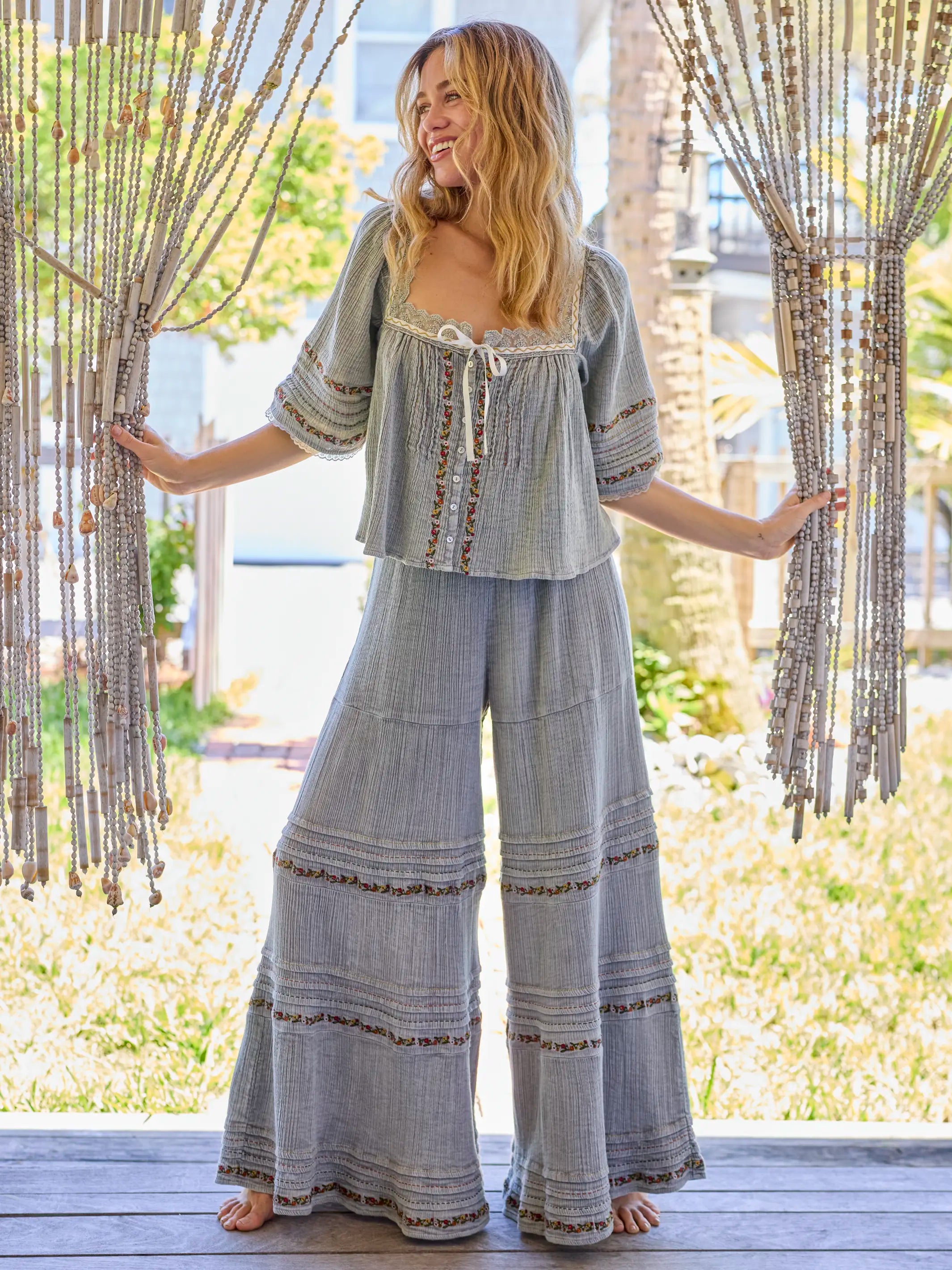 Patti Embroidered Cotton Palazzo Pants - Light Grey