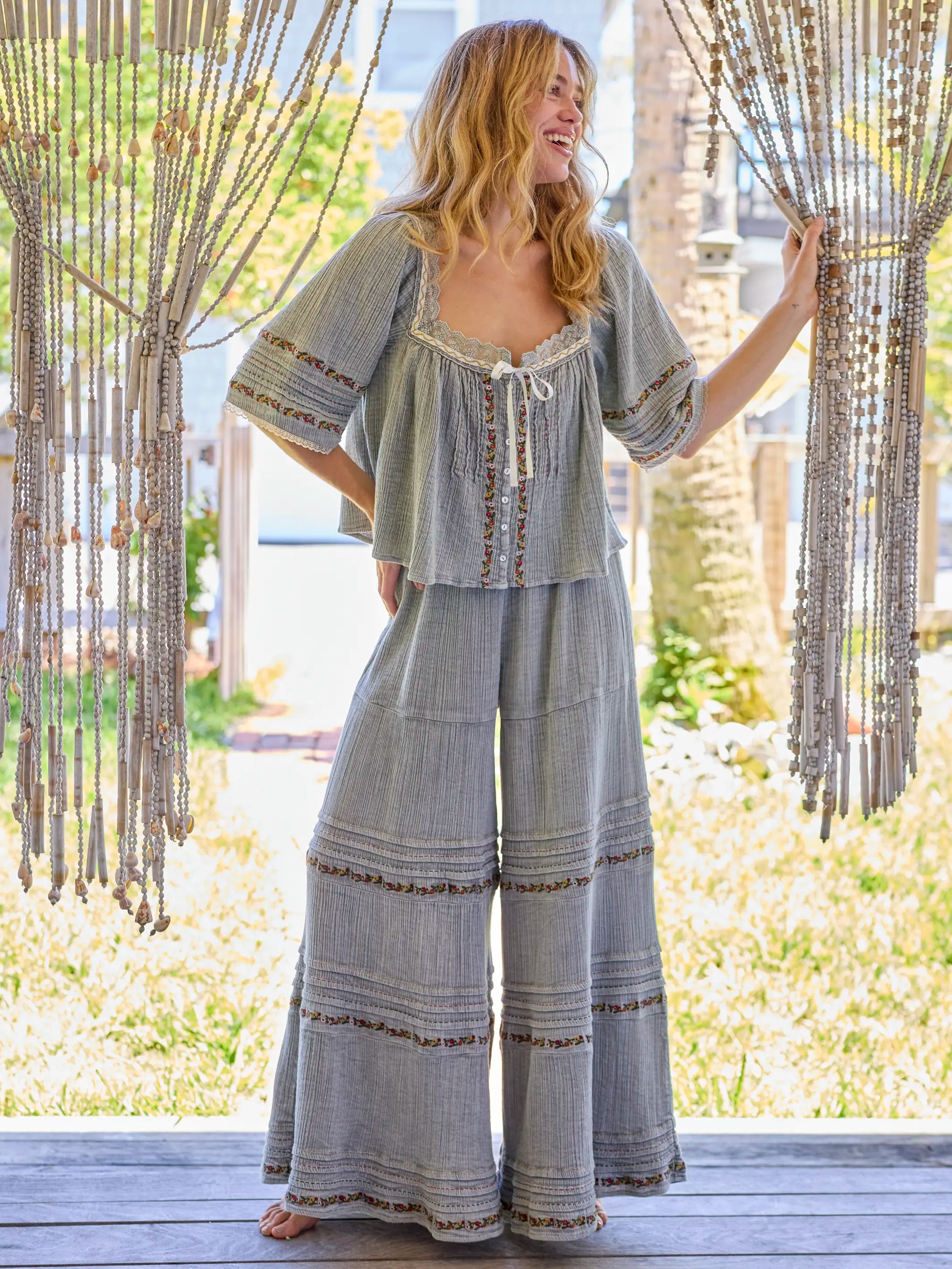 Patti Embroidered Cotton Palazzo Pants - Light Grey
