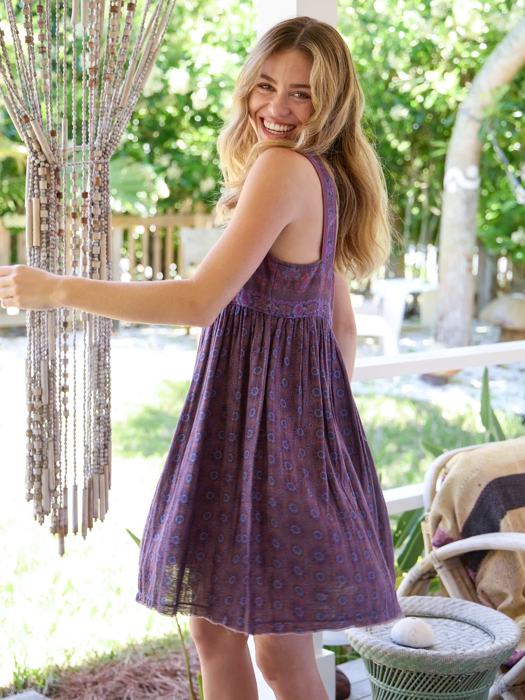 Tricia Reversible Cotton Mini Dress - Medallion Eggplant Sunburst