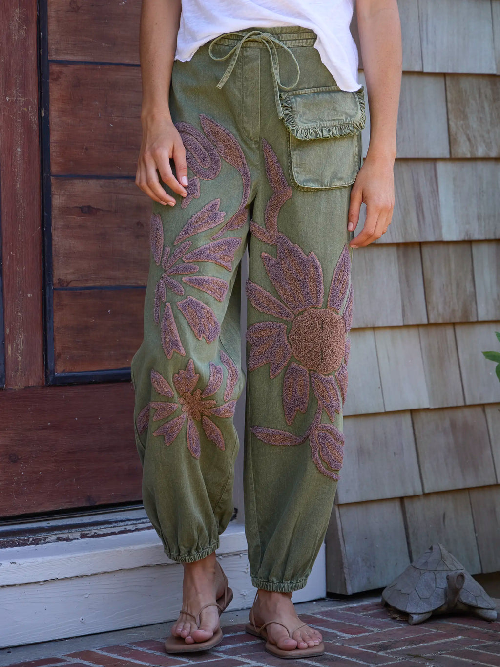 Lo Tufted Cotton Applique Pants - Olive