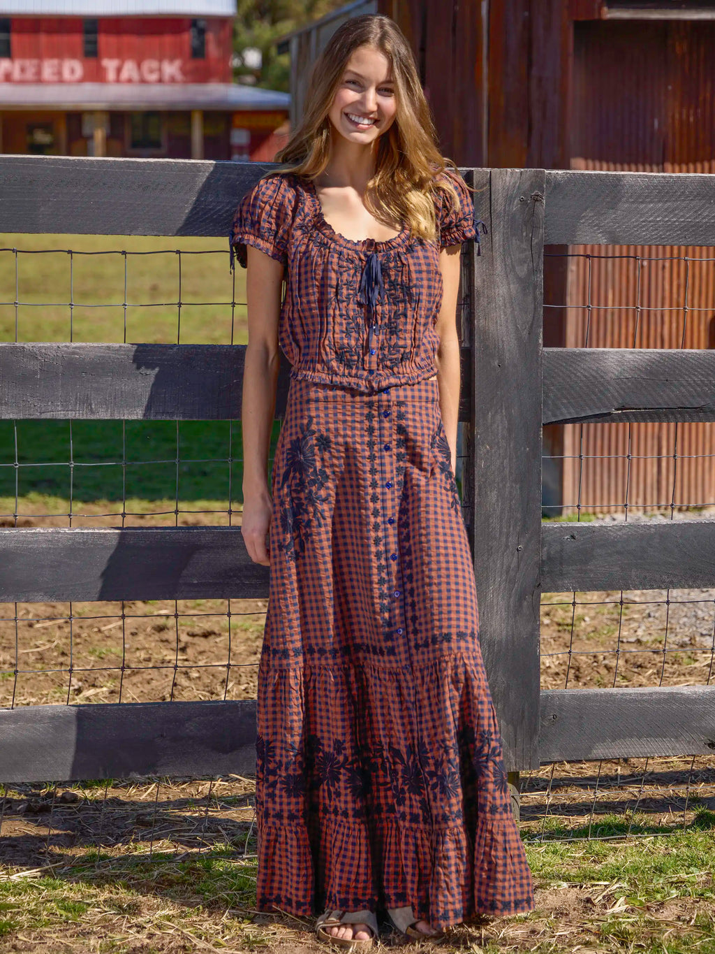 Cosi Embroidered Cotton Top - Rust Gingham