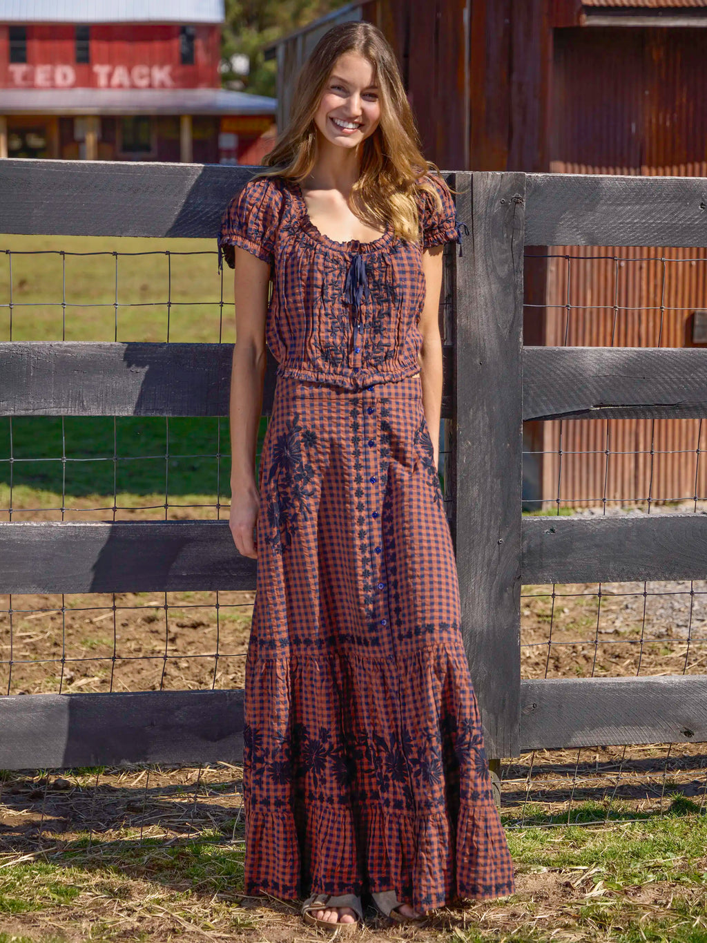 Free Fallin' Embroidered Cotton Maxi Skirt - Rust Gingham
