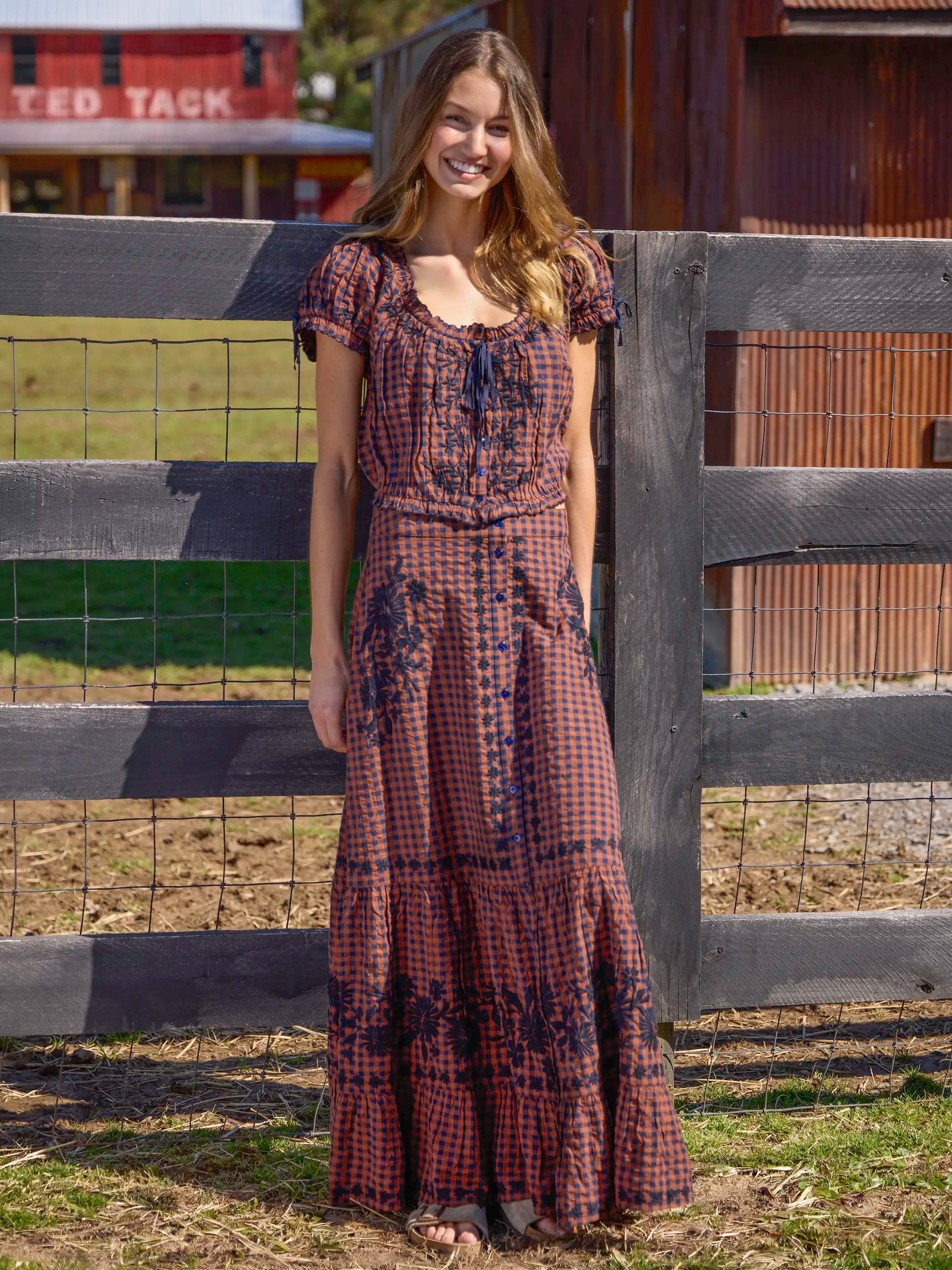 Free Fallin' Embroidered Cotton Maxi Skirt - Rust Gingham