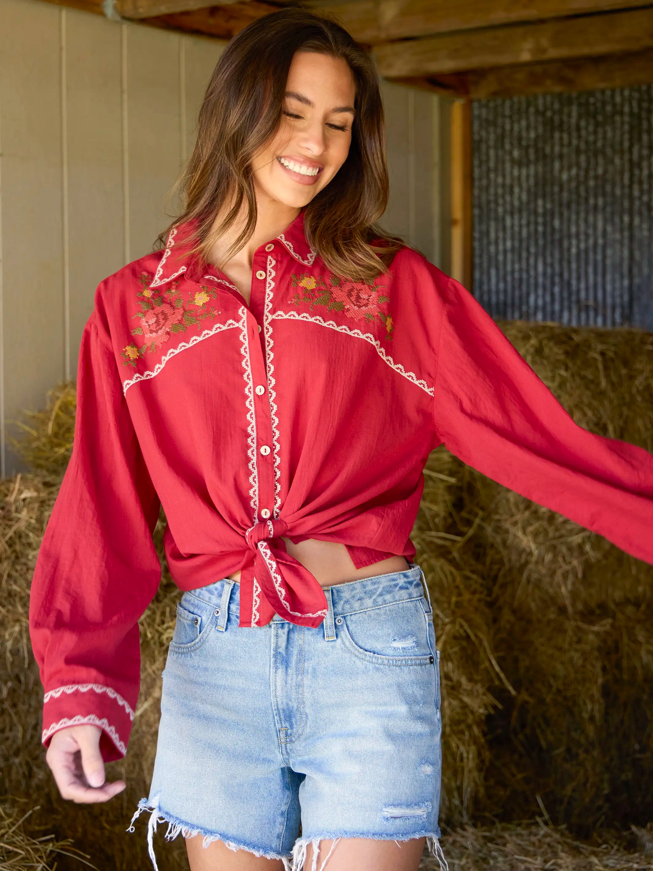 Round Top Embroidered Button Down - Red Clay