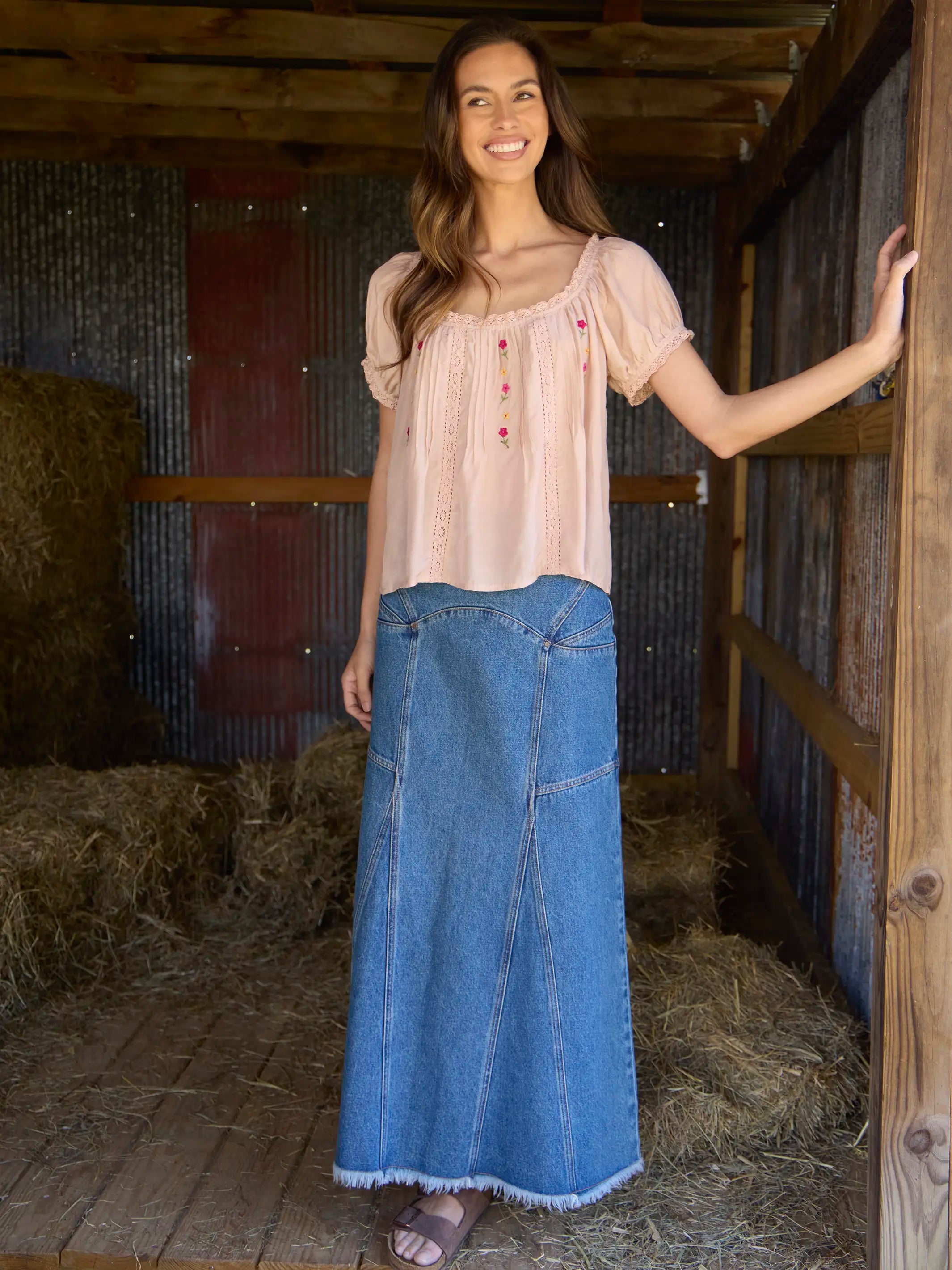 Fitted Cotton Denim Maxi Skirt - Medium Wash