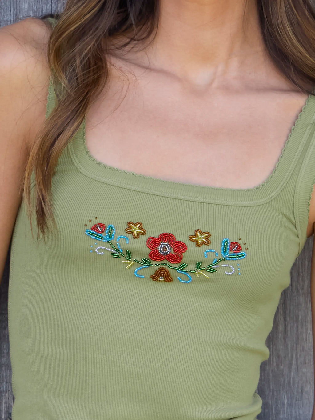 Mona Beaded Tank - Olive Floral