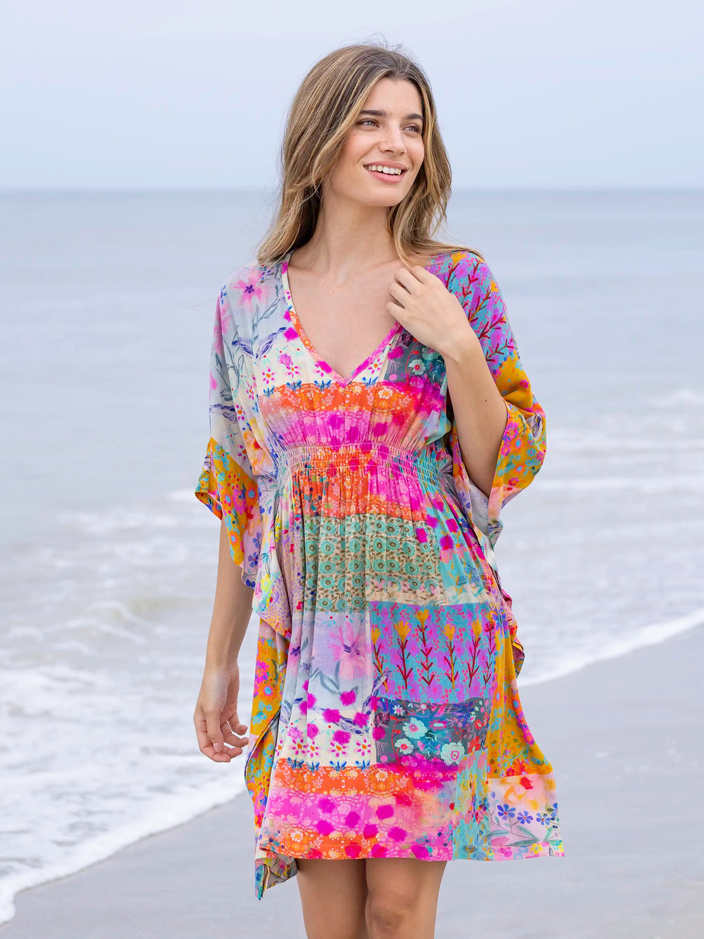 Sanibel Kaftan Mini Dress - Pink Watercolor Patchwork