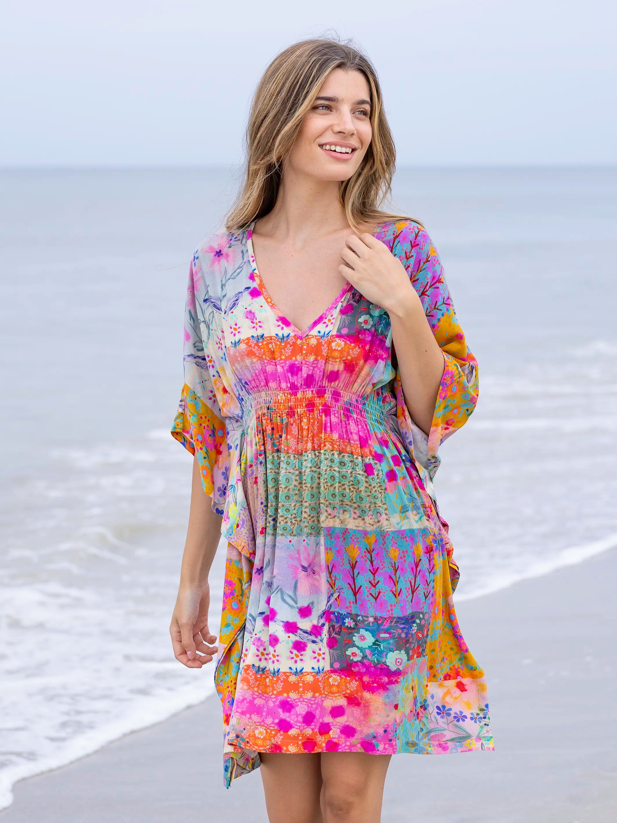 Sanibel Kaftan Mini Dress - Pink Watercolor Patchwork