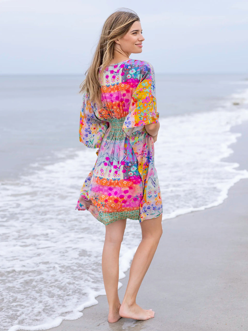 Sanibel Kaftan Mini Dress - Pink Watercolor Patchwork