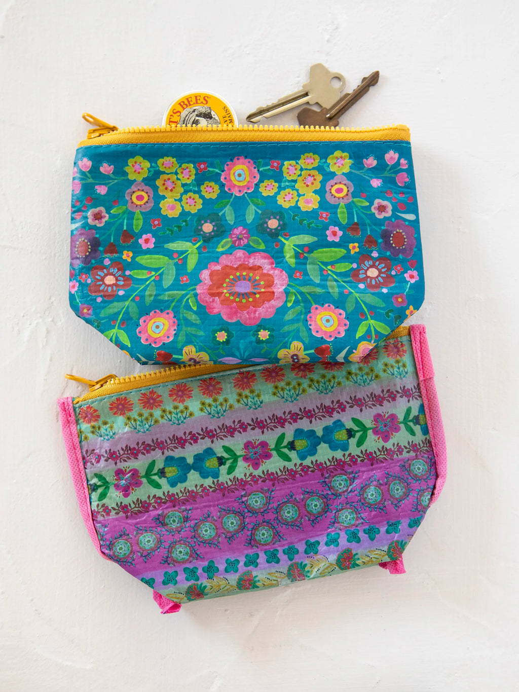 Small Recycled Reversible Zipper Pouch - Turquoise Folk Flower