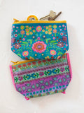Small Recycled Reversible Zipper Pouch - Turquoise Folk Flower