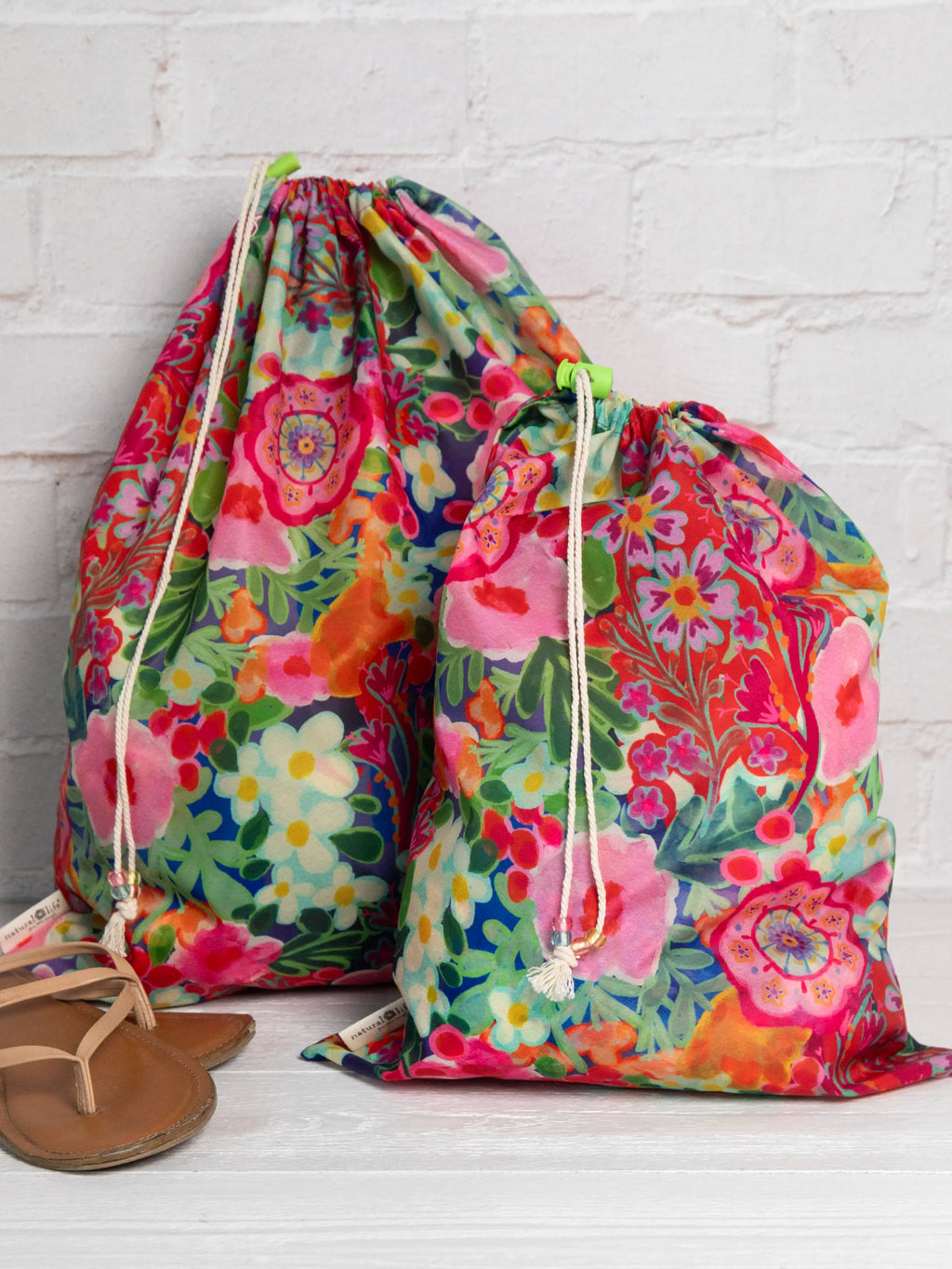 Travel Laundry Bags, Set of 2 - Pink Painted Garden