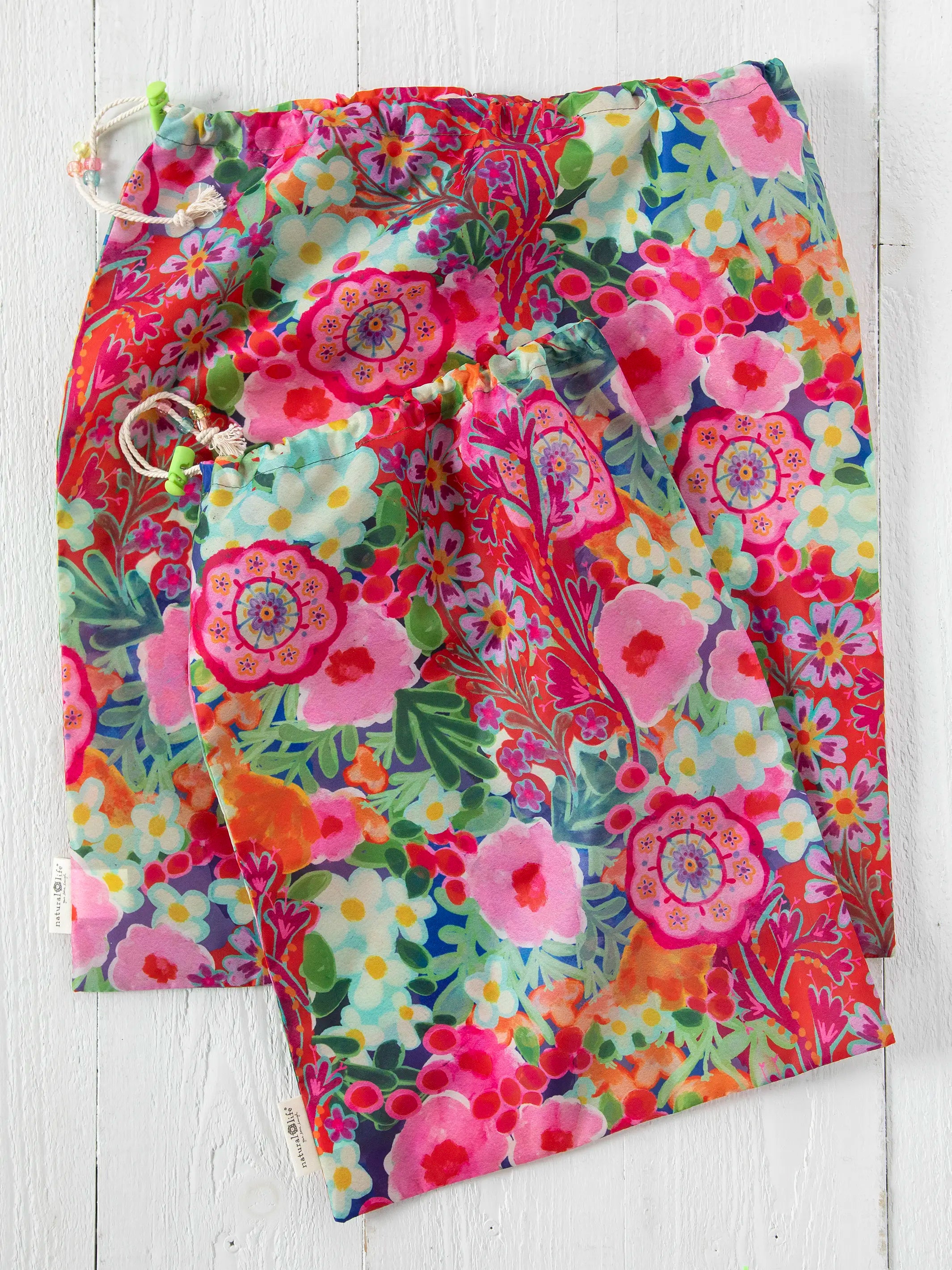 Travel Laundry Bags, Set of 2 - Pink Painted Garden