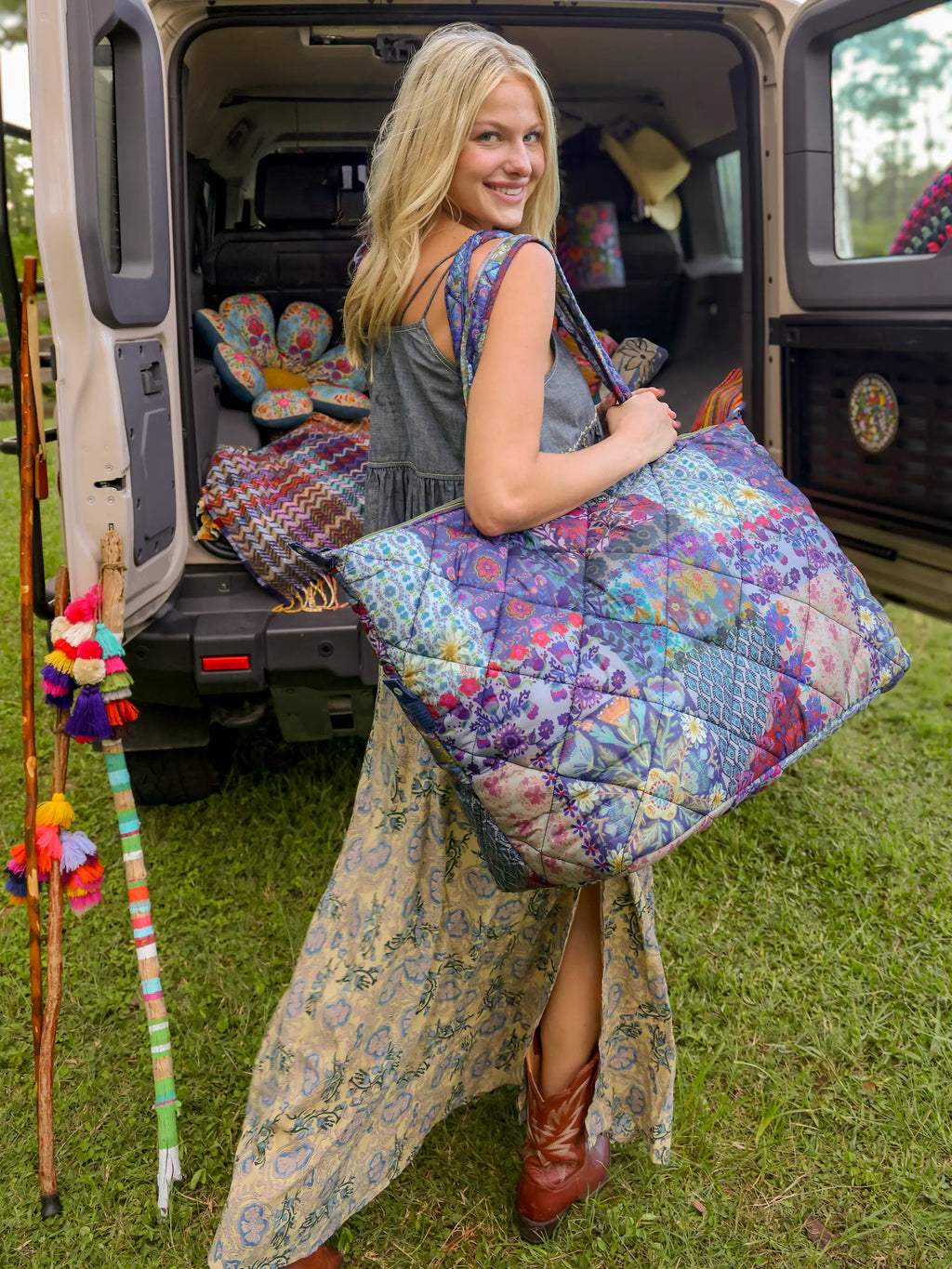 Puffy Weekender Bag - Blue Patchwork