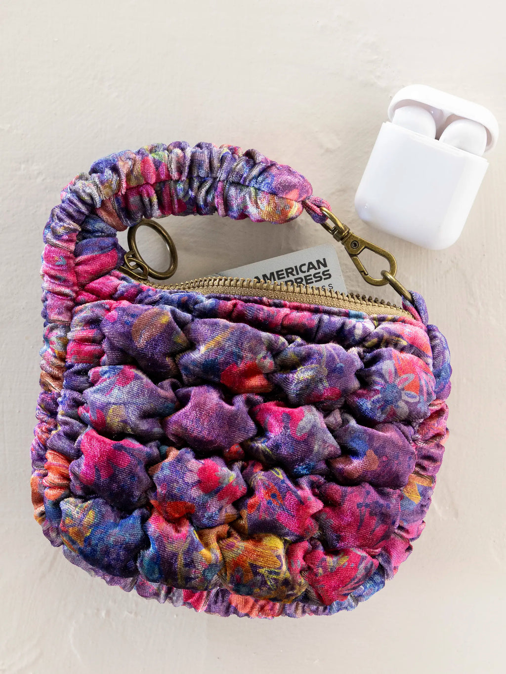 Puffy Velvet Mini Clip-On Pouch - Dark Floral Garden