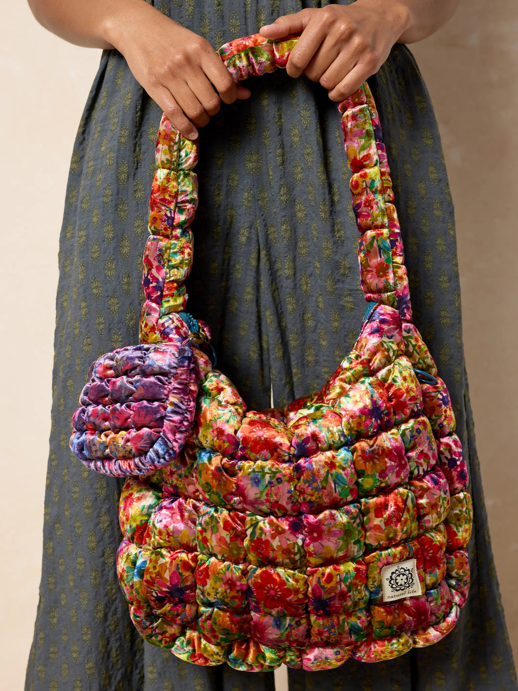 Puffy Velvet Mini Clip-On Pouch - Dark Floral Garden