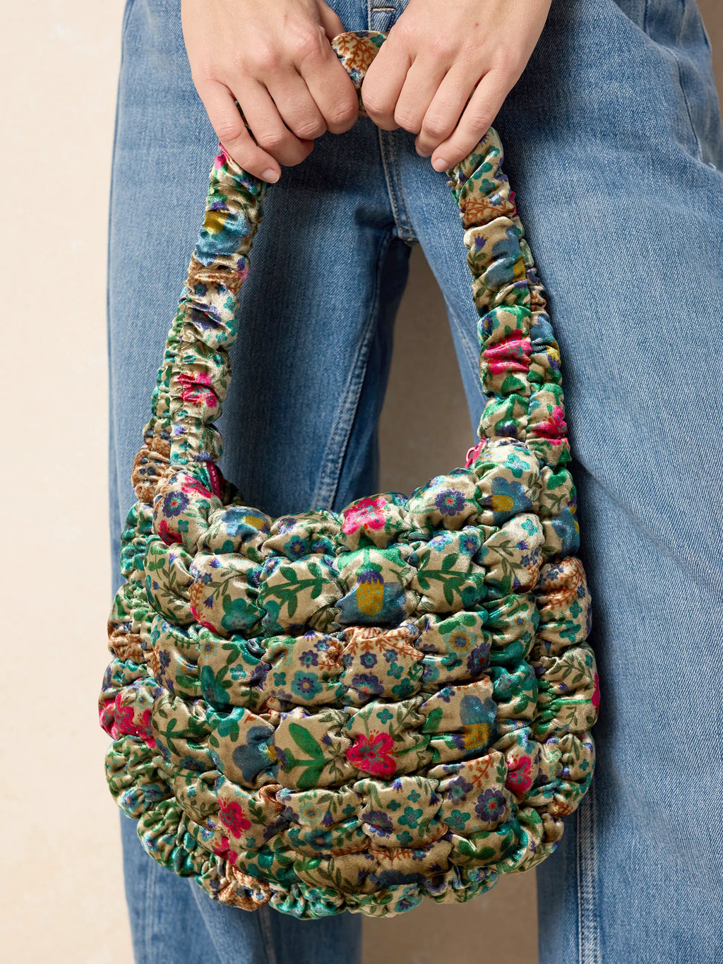 Puffy Velvet Fit-It-All Bag - Small Teal Flower