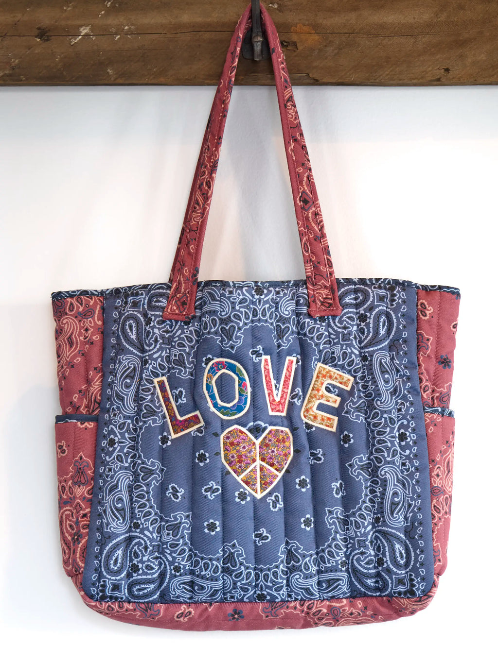 Quilted Applique Love Tote Bag - Blue Classic Bandana