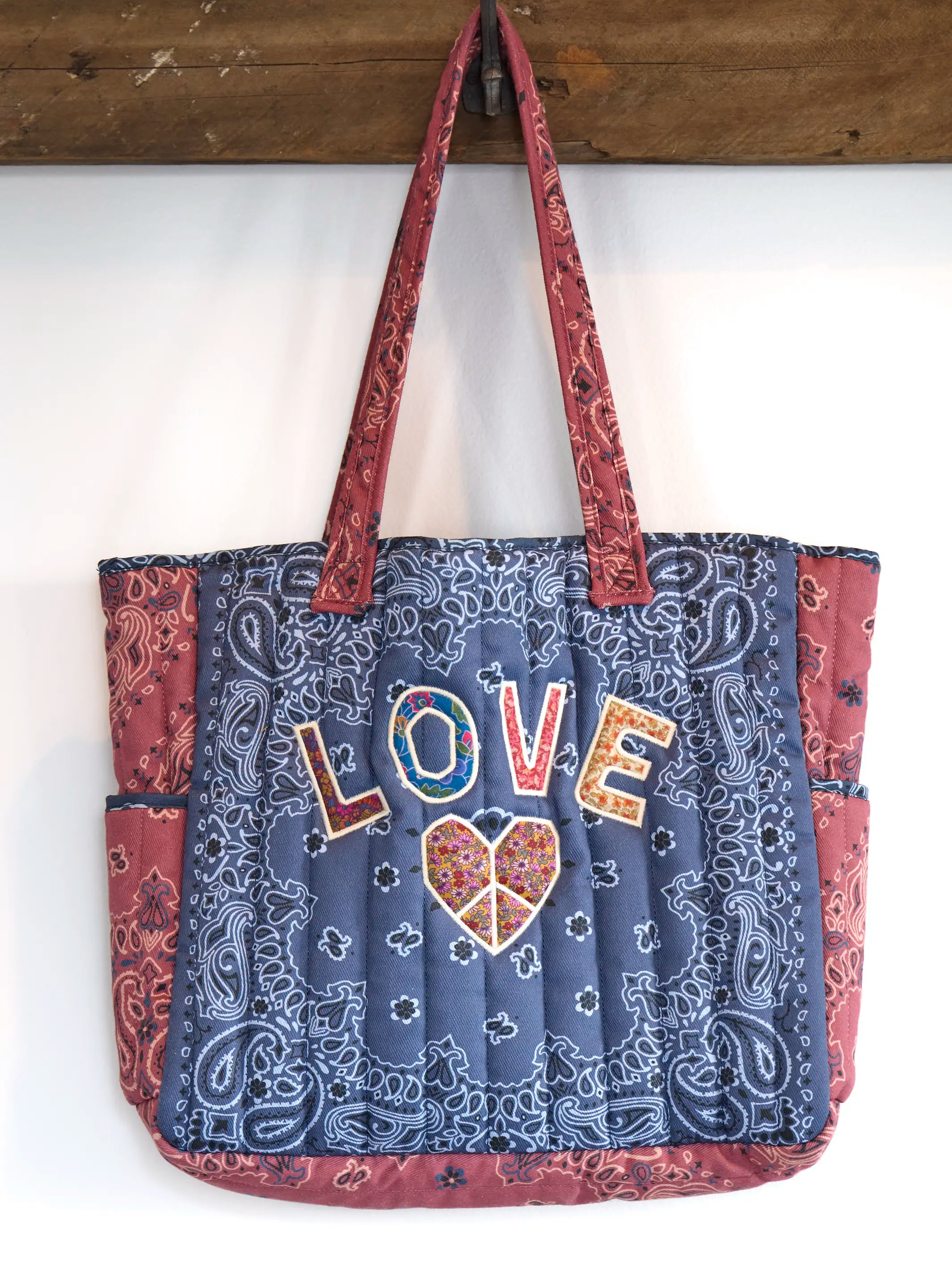 Quilted Applique Love Tote Bag - Blue Classic Bandana