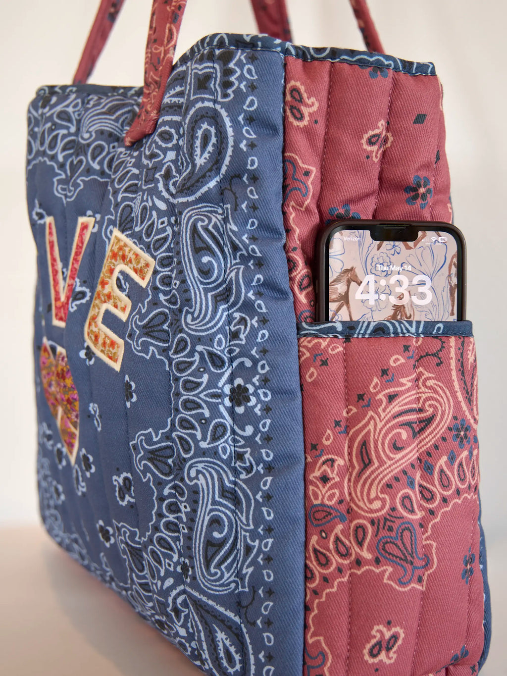 Quilted Applique Love Tote Bag - Blue Classic Bandana