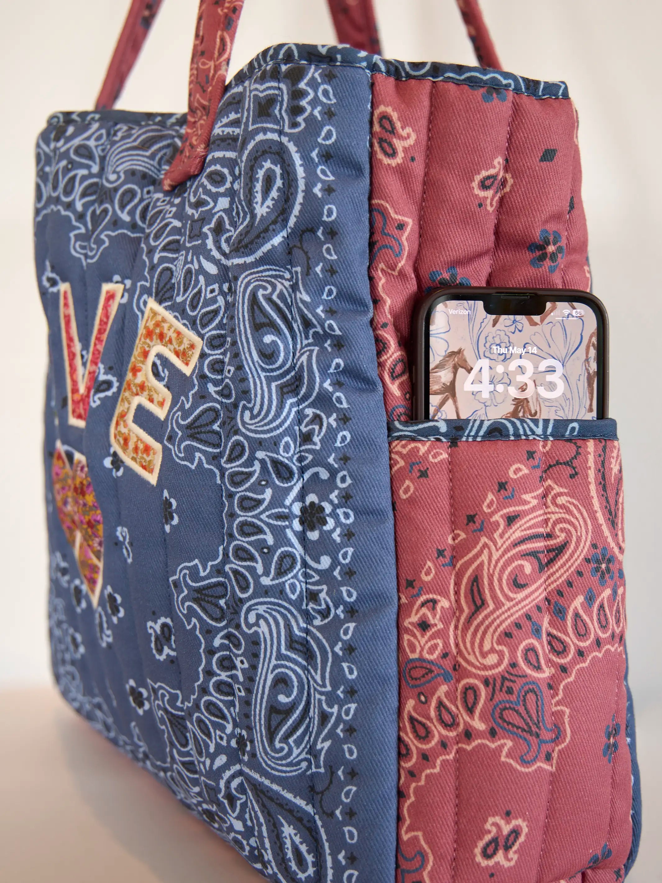 Quilted Applique Love Tote Bag - Blue Classic Bandana