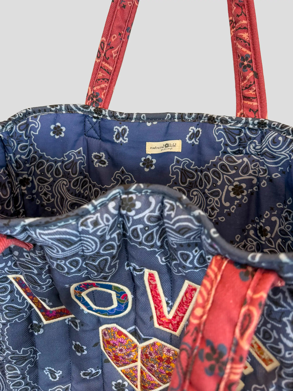 Quilted Applique Love Tote Bag - Blue Classic Bandana