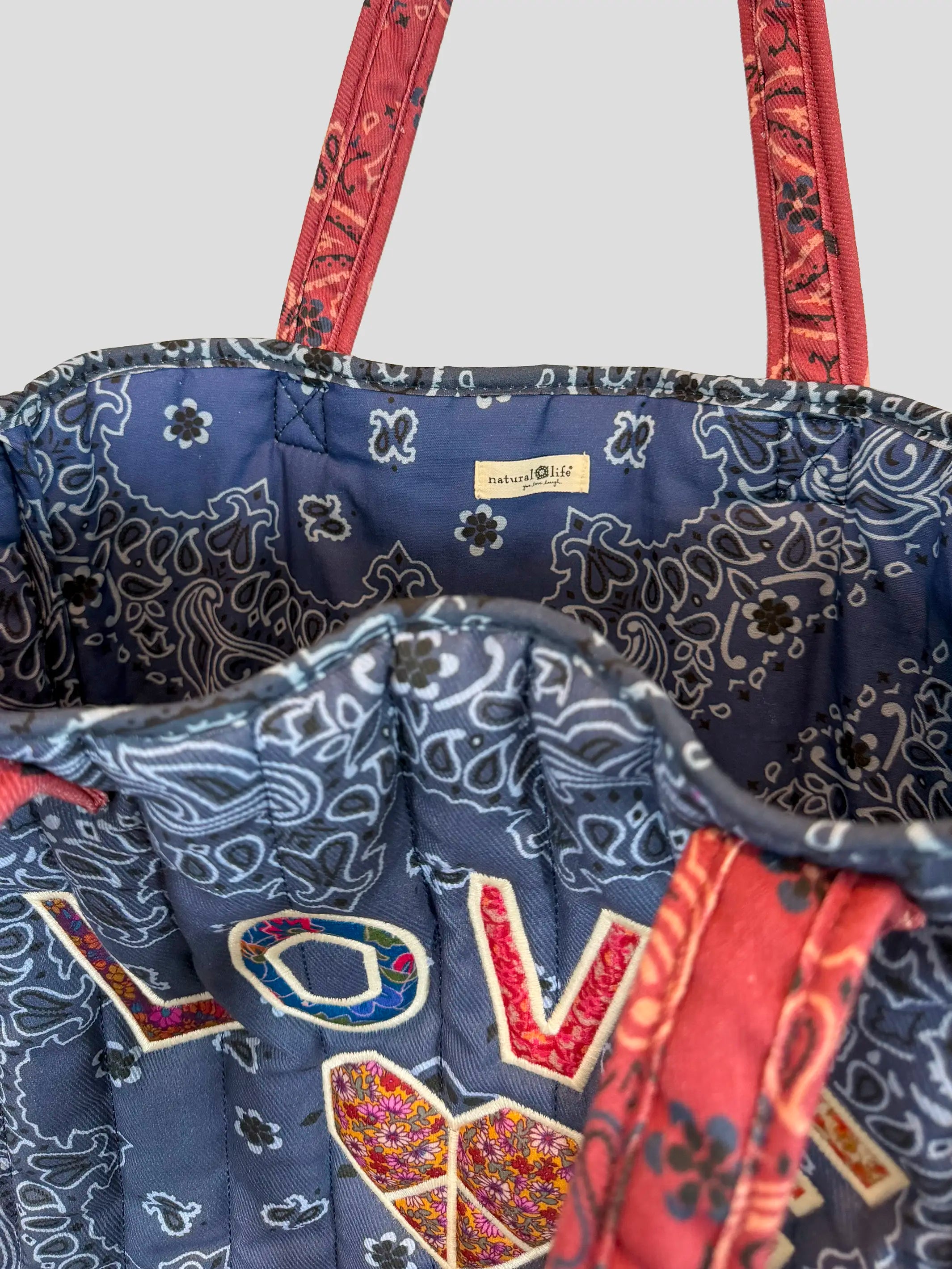 Quilted Applique Love Tote Bag - Blue Classic Bandana
